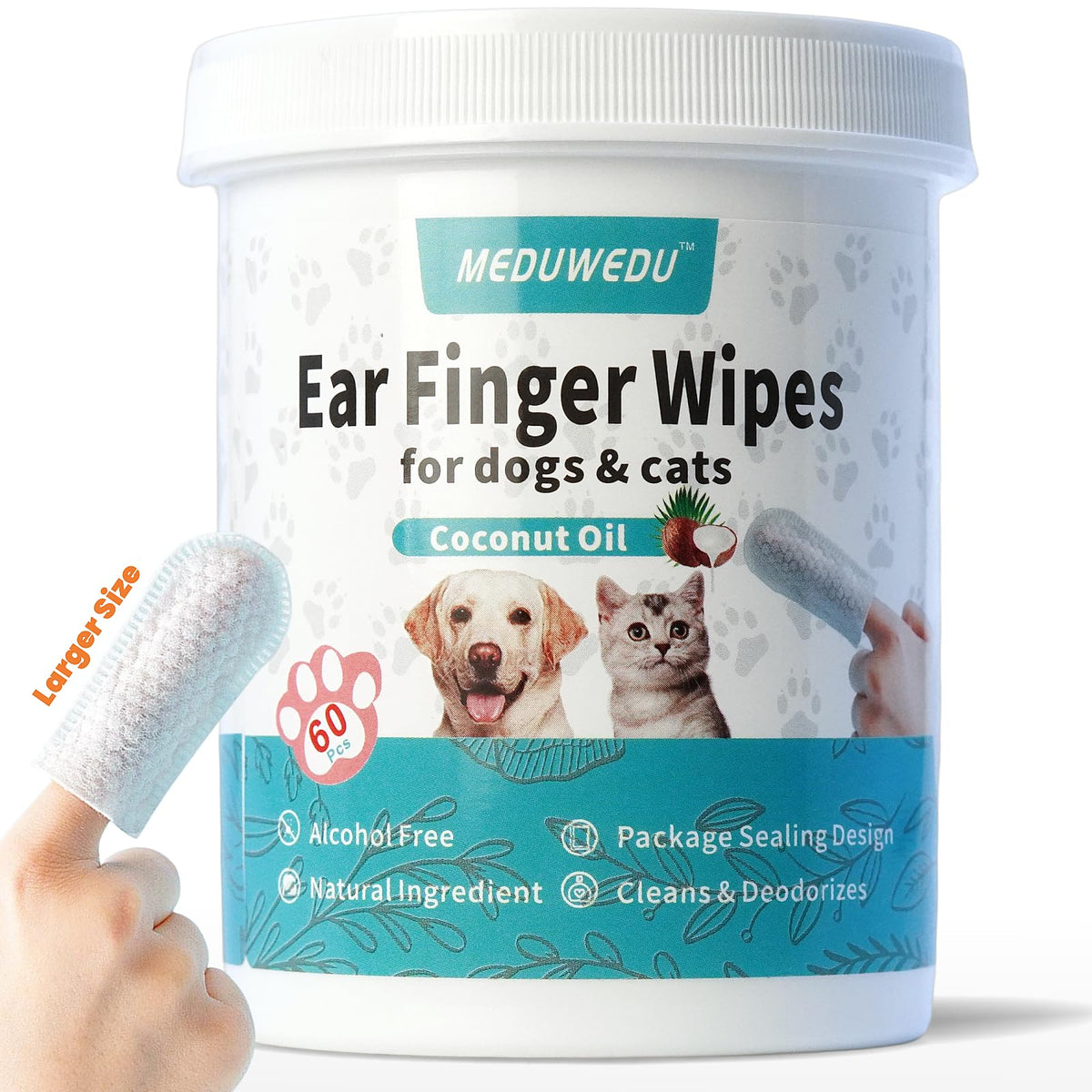 Meduwedu Wider Ear Cleaner Finger Wipes 60 Counts, Dog Ear Cleaner, Grooming Kit Care For Dogs And Cats,Otic Cleaning Pads, Remove Wax, Dirt & Stop Smelly, Itchy, Non-Irritating, Coconut Scent