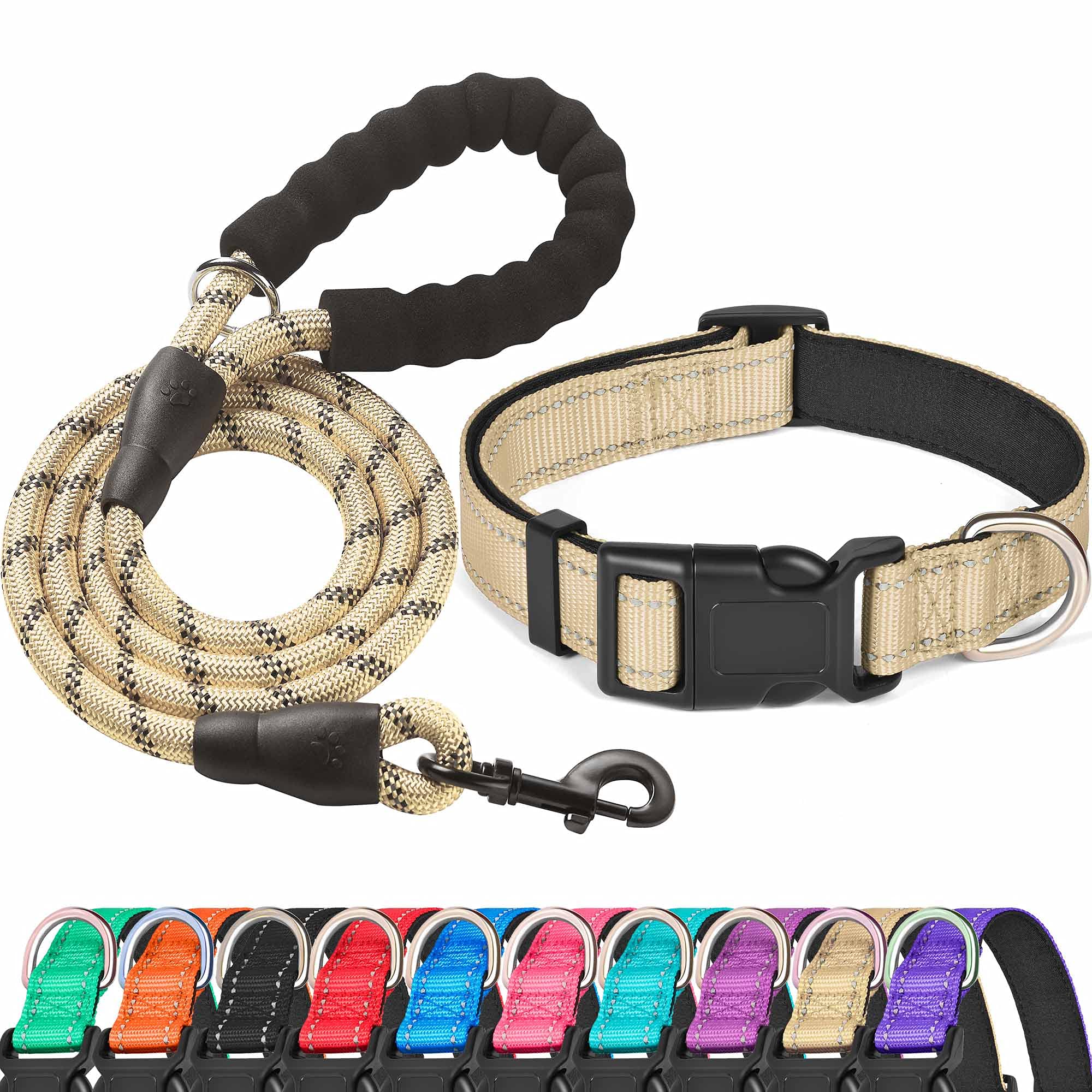 Ladoogo Reflective Dog Collar Padded With Soft Neoprene Breathable Adjustable Nylon Dog Collars For Small Medium Large Dogs (X-Small (Pack Of 1), Vanilla Collar+Leash)