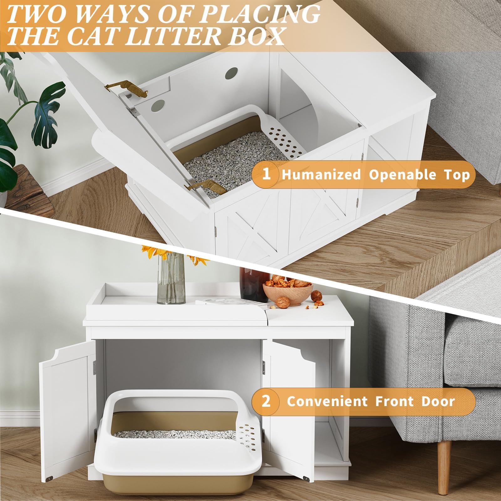 Pupetpo Flip Top Cat Litter Boxes Enclosure Covered Litter Box Hidden Furniture Wooden Cat Washroom Cabinet For Kitty, Medium An