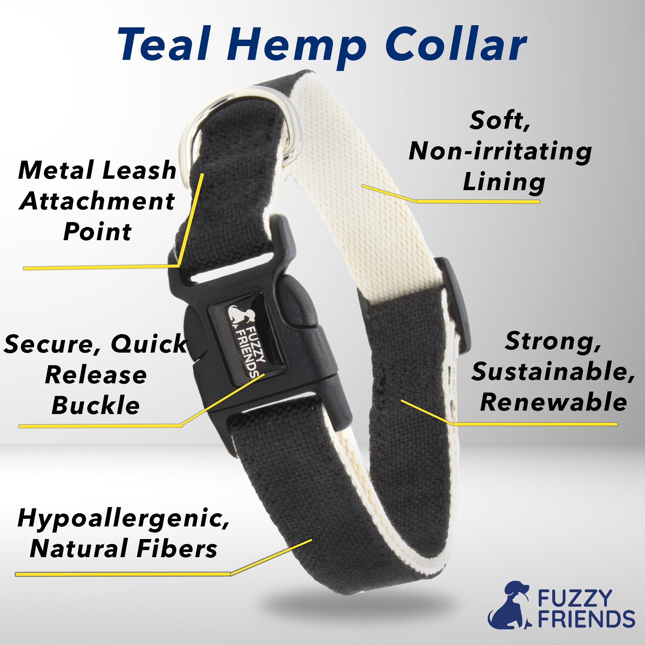 Fuzzy Friends Black Hemp Dog Collar - Hypoallergenic Dog Collar - Comfortable for Sensitive Skin or Allergies with no Harsh Dyes