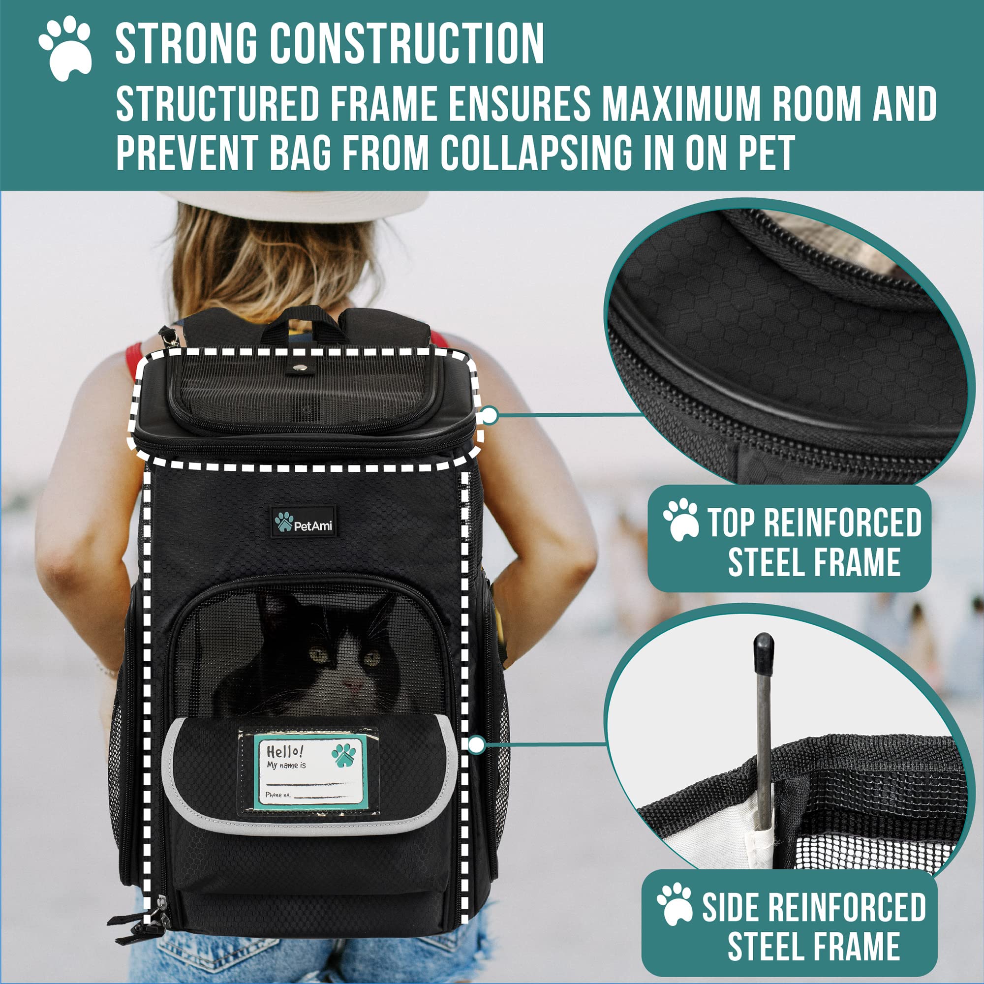 Petami Dog Backpack Carrier, Airline Approved Cat Backpacks For Carrying Small Large Cats, Pet Carrier Back Pack, Ventilated Soft Sided Dog Cat Bookbag For Travel, Hiking, Camping, Black