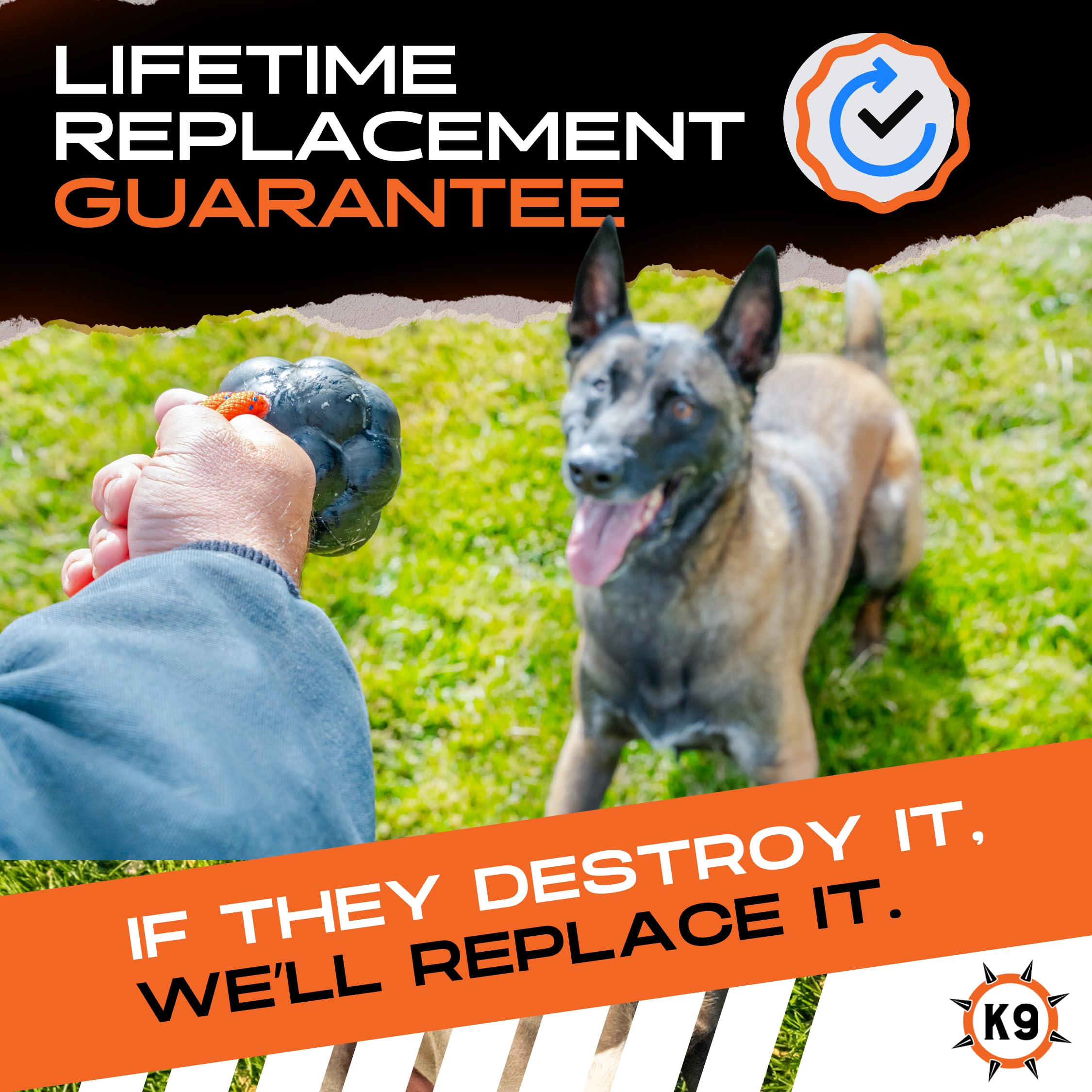 Monster K9 Xl Dog Ball - Lifetime Replacement - Medium & Large Breeds - Aggressive Chewers - Chew, Tug, & Fetch Dog Toy - Made I