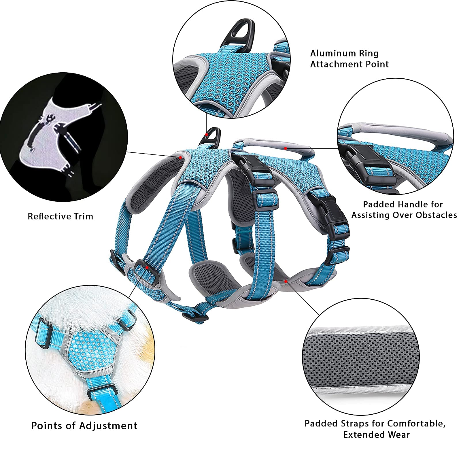 Belpro Multi-Use Support Dog Harness, Escape Proof No Pull Reflective Adjustable Vest With Durable Handle, Dog Walking Harness For Big/Active Dogs (Blue, S)