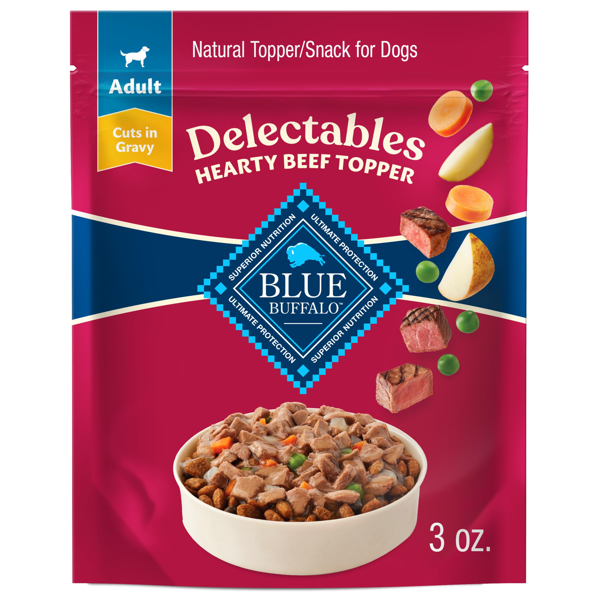Blue Buffalo Delectables Natural Wet Dog Food Toppers, Hearty Beef Cuts in Gravy, 3-oz (24 Pouches)