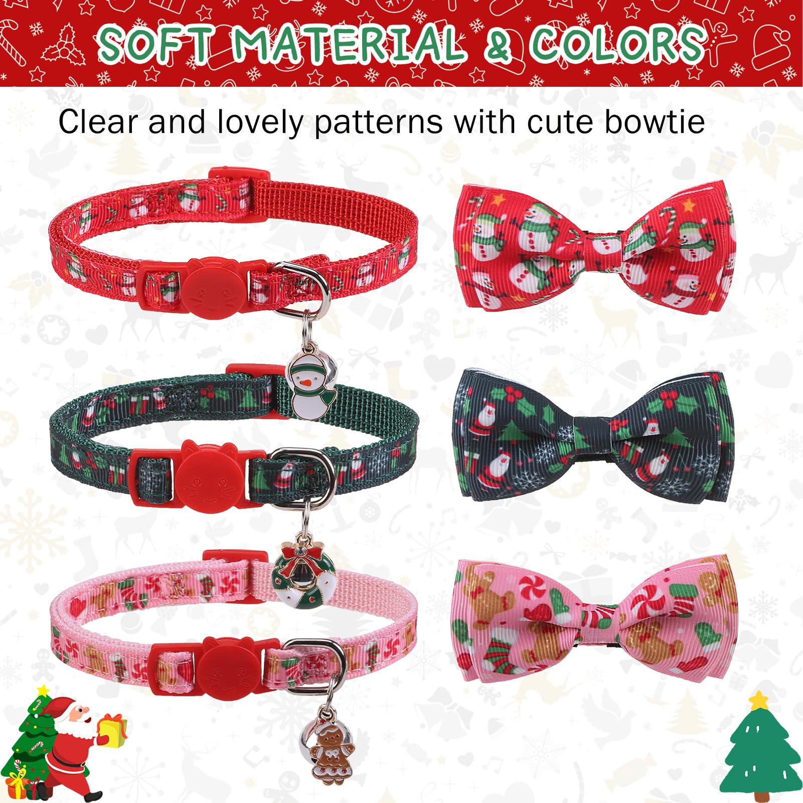 Scenereal Cat Collar Breakaway With Bell And Bowtie, 3 Pack Cute Holiday Cat Collars, Xmas Kitten Collar Adjustable Safety Buckl
