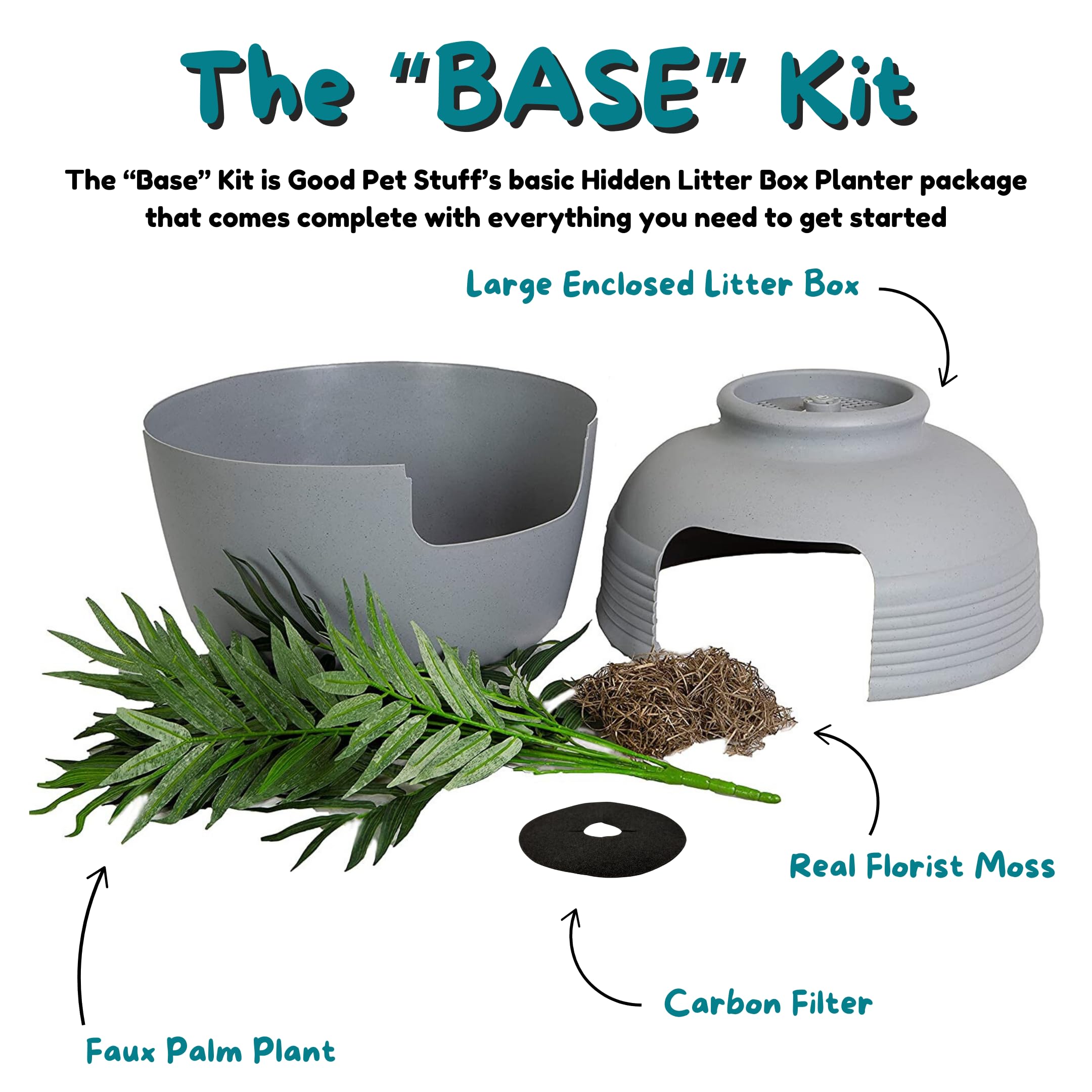 Good Pet Stuff Hidden Litter Box Base Kit, Round Enclosed Cat Planter Furniture With Fake Plant, Hooded Vented Carbon Filter System For Odor Control, Easy To Clean, Made In Usa, Stone Grey