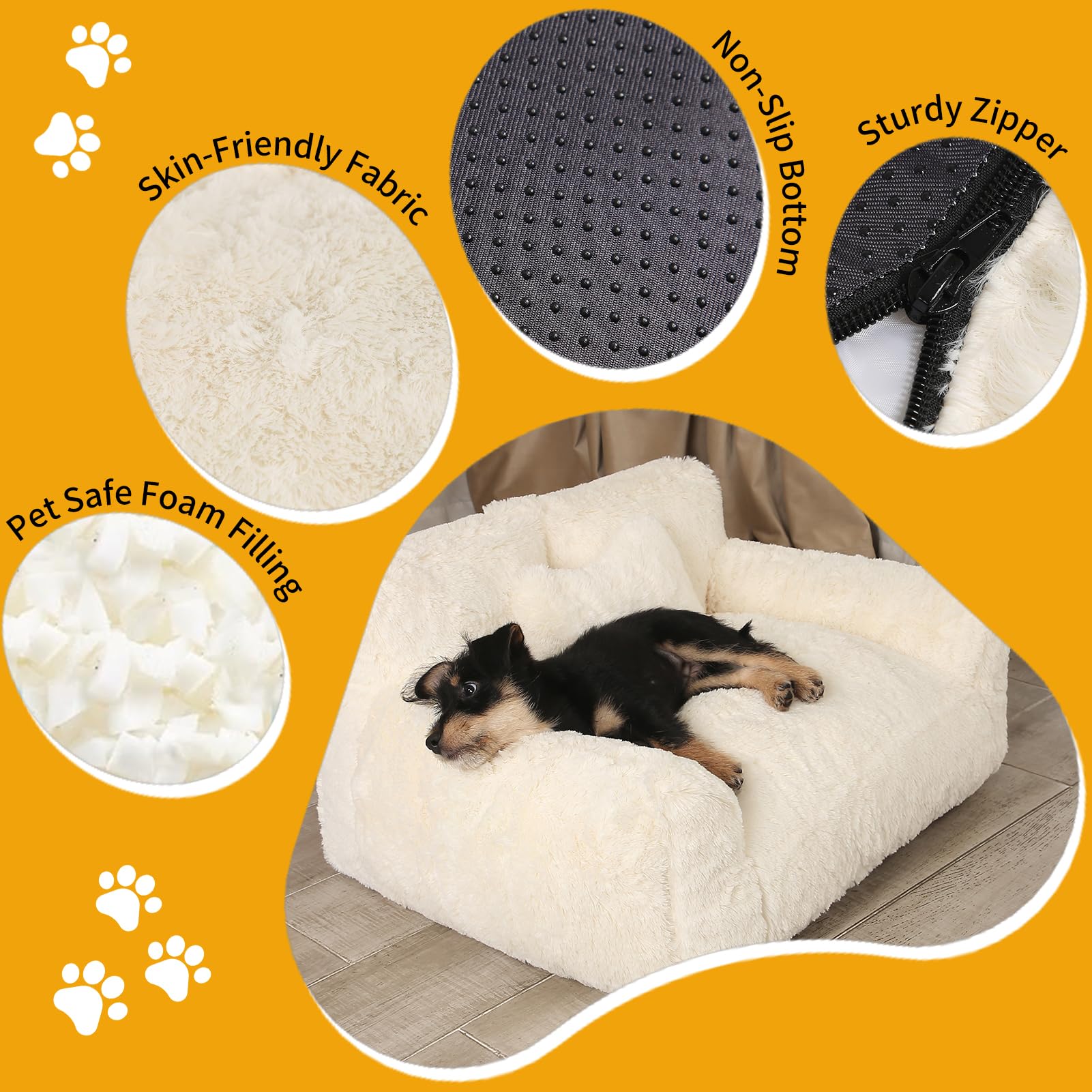 Bestroyal Fluffy Cat Couch, Small Dog Bed With Bone Shaped Pillow, Anti-Anxiety Pet Bed With Washable Cover, Cream
