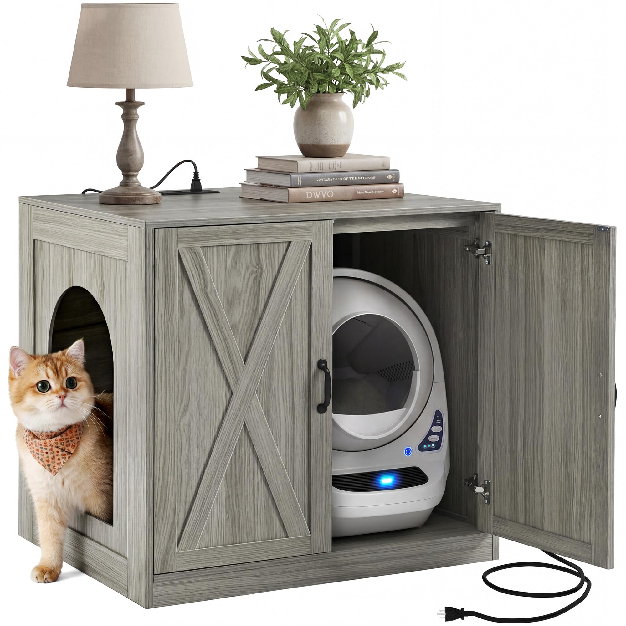 YITAHOME Large Hidden Litter Box Furniture with Power Outlets, Wooden Cat Litter Box Enclosure for Self-Cleaning Litter Boxes, I