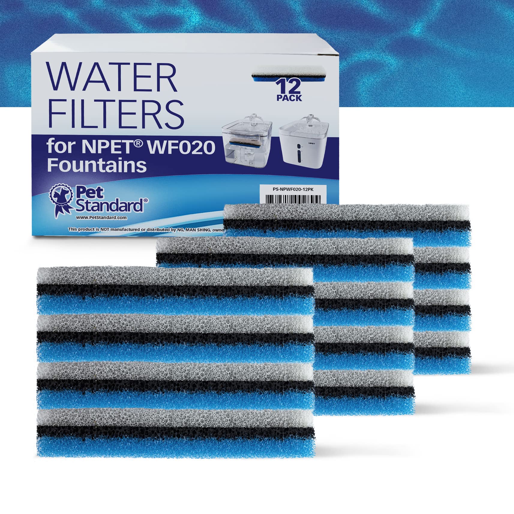 Pet Standard Premium Water Filter Compatible With Npet® Wf020 Water Fountain. Rectangular-Shaped, Washable Pet Fountain Filters With Triple Filtration System, Pack Of 12