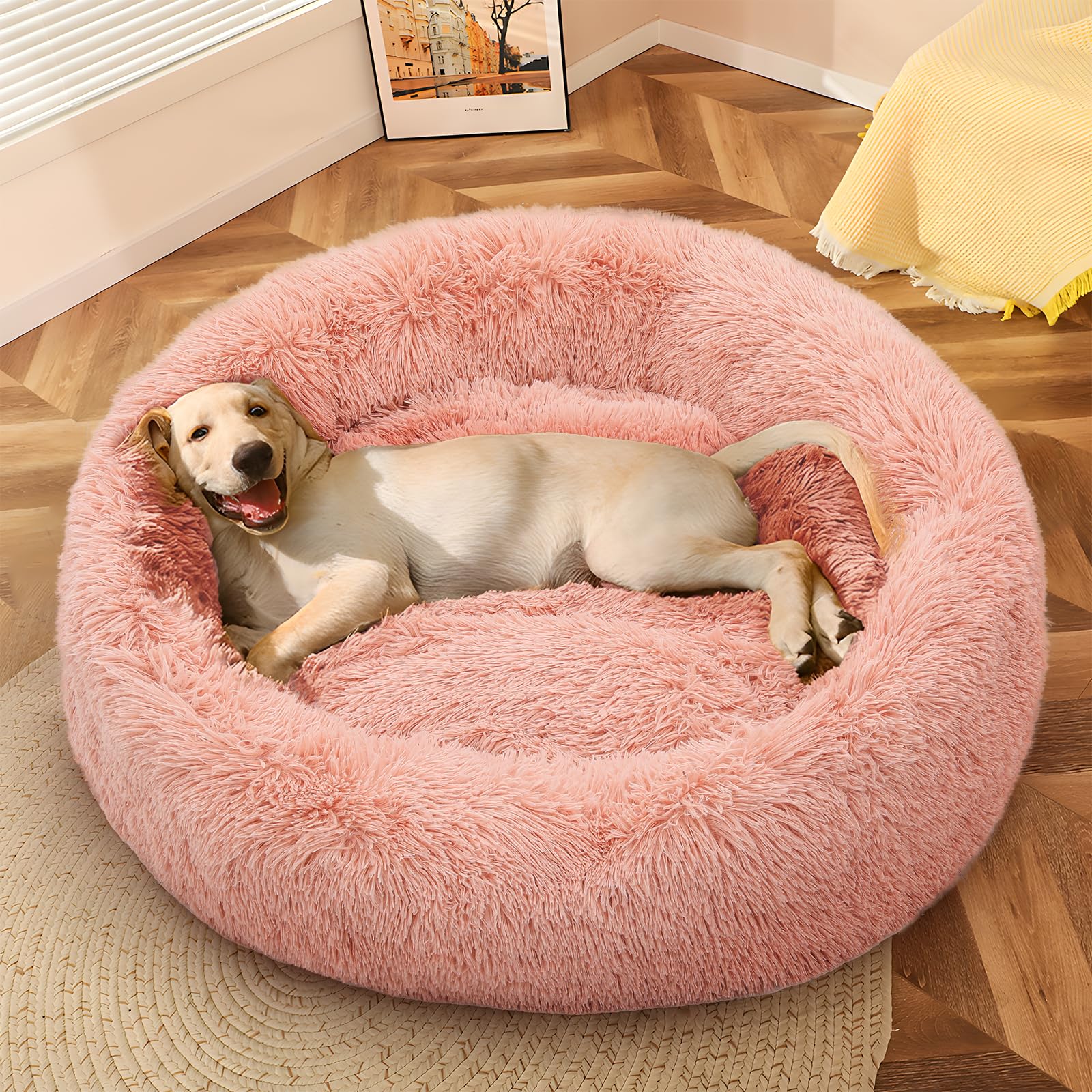Magshion Long Plush Calming Dog Beds For Large Dogs, Comfy Cuddler Donut Cat Beds For Indoor Cats, Machine Washable & Non-Slip B