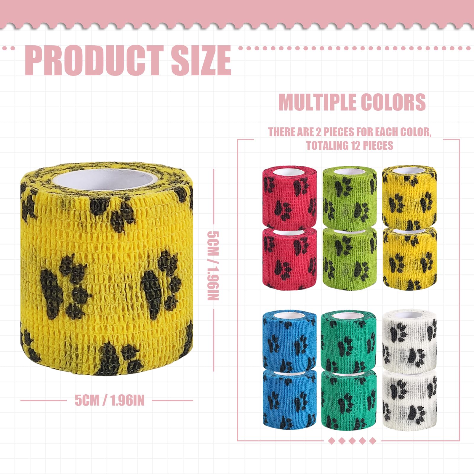 Vet Wrap for Dogs,Bandage Wrap,12Pcs 2 Inches X 5 Yards Pet PreWrap Cohesive Bandages Bulk Self Adhesive Dog Paw Protector for H