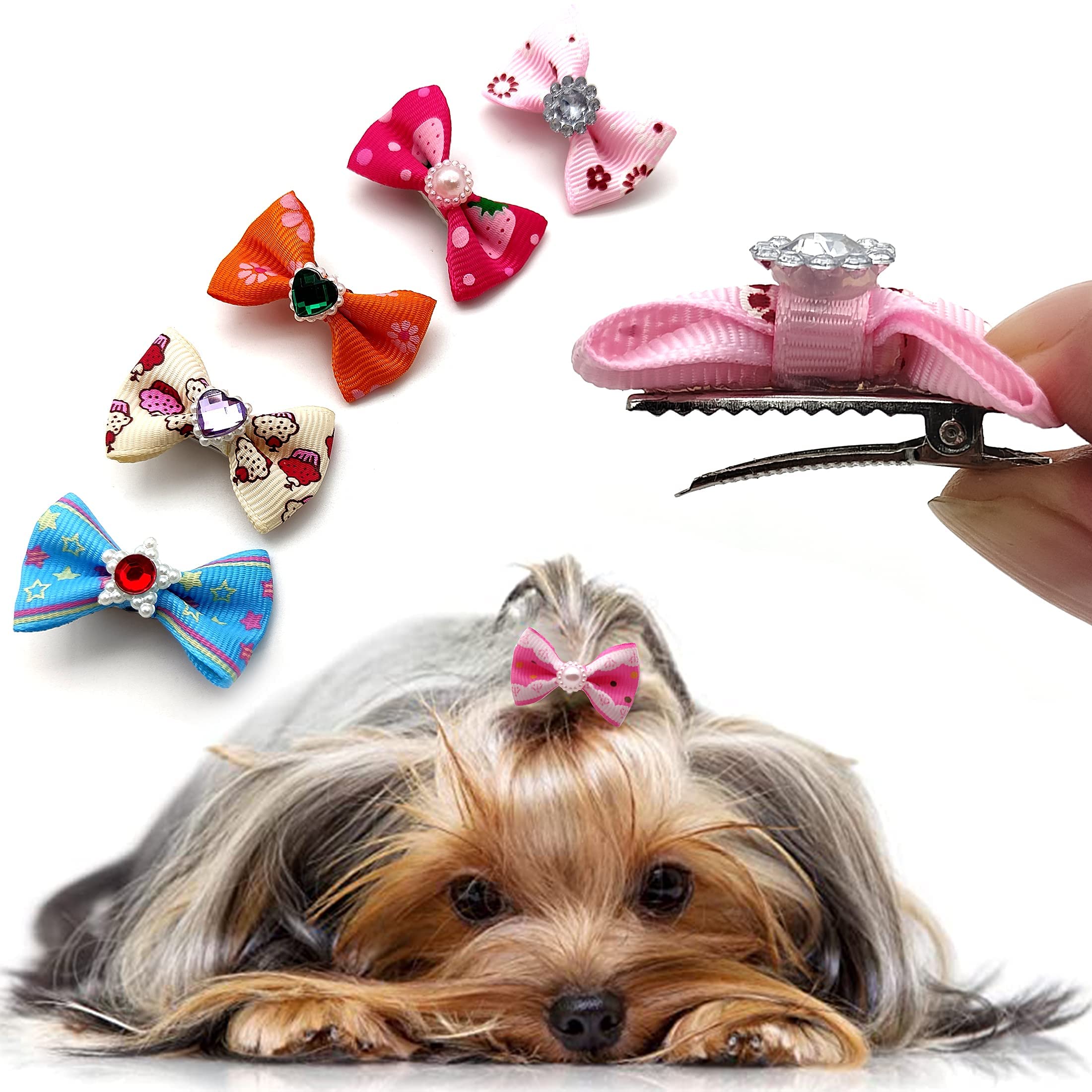 60Pcs Puppy Dogs Hair Barrettes Bows With Metal Clips,Rhinestone Tiny Christmas Bowknot Hair Bows Hair Topknot Hair Clips For Cat Puppy Party Birthday ,Handmade Hair Accessories Pet Grooming
