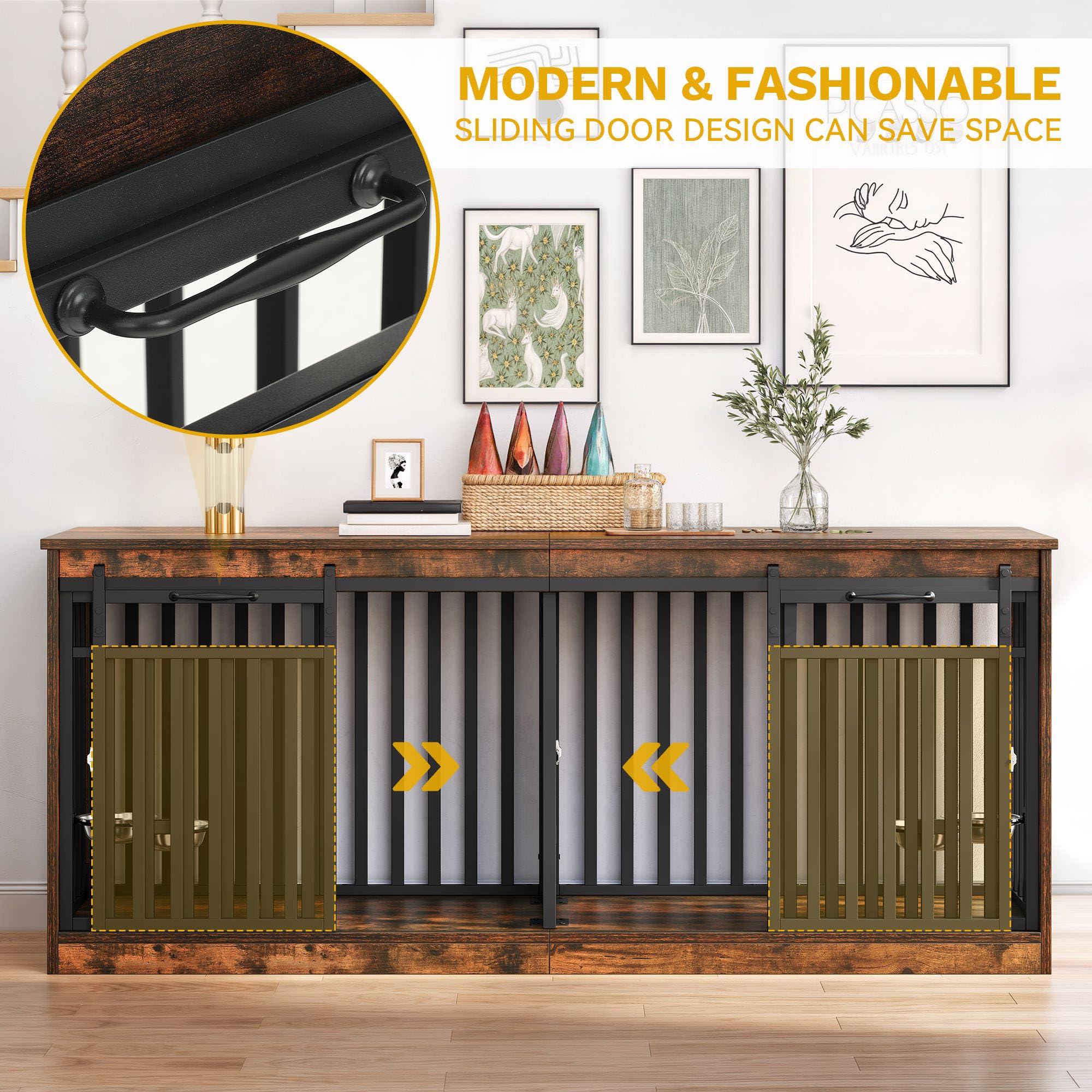 DWVO Double Dog Crate Furniture for 2 Medium Dogs, Heavy Duty Engineered Wood, Rustic Brown, 70.9"L x 23.6"W x 31.5"H, Model