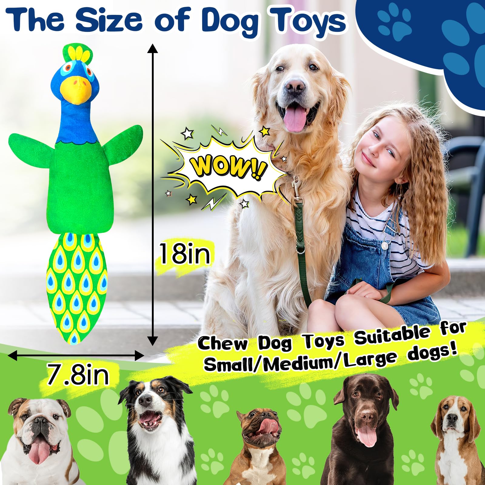 Large Dog Toys For Aggressive Chewers:Plush Squeaky Tug Of War Dog Toys With Crinkle Paper- Interactive Tough Teething Chew Toys