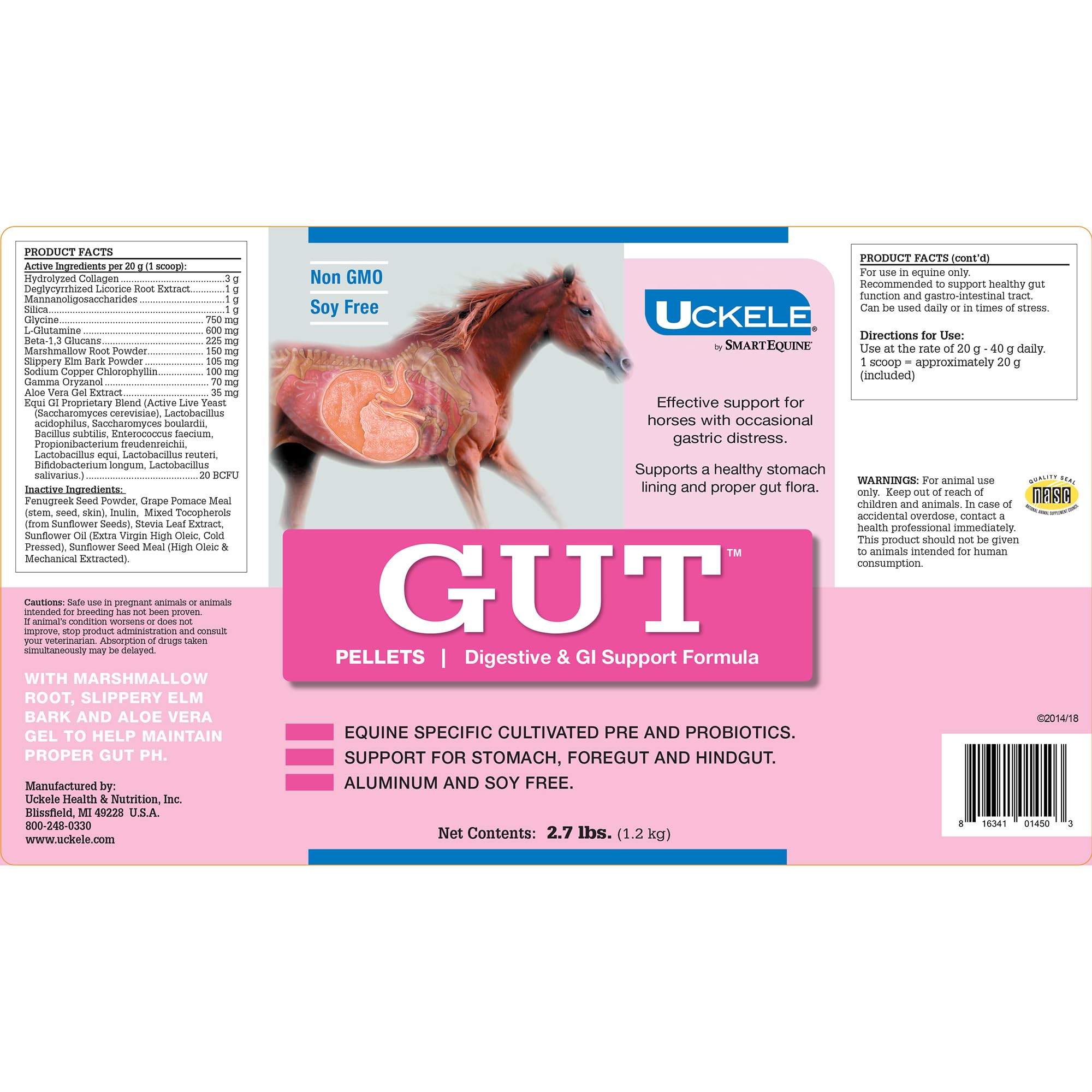 Uckele by SmartEquine Gut Pellets | Healthy Gut Probiotics for Horses | Equine Prebiotic & Probiotic Powder | Horse Stomach Supp