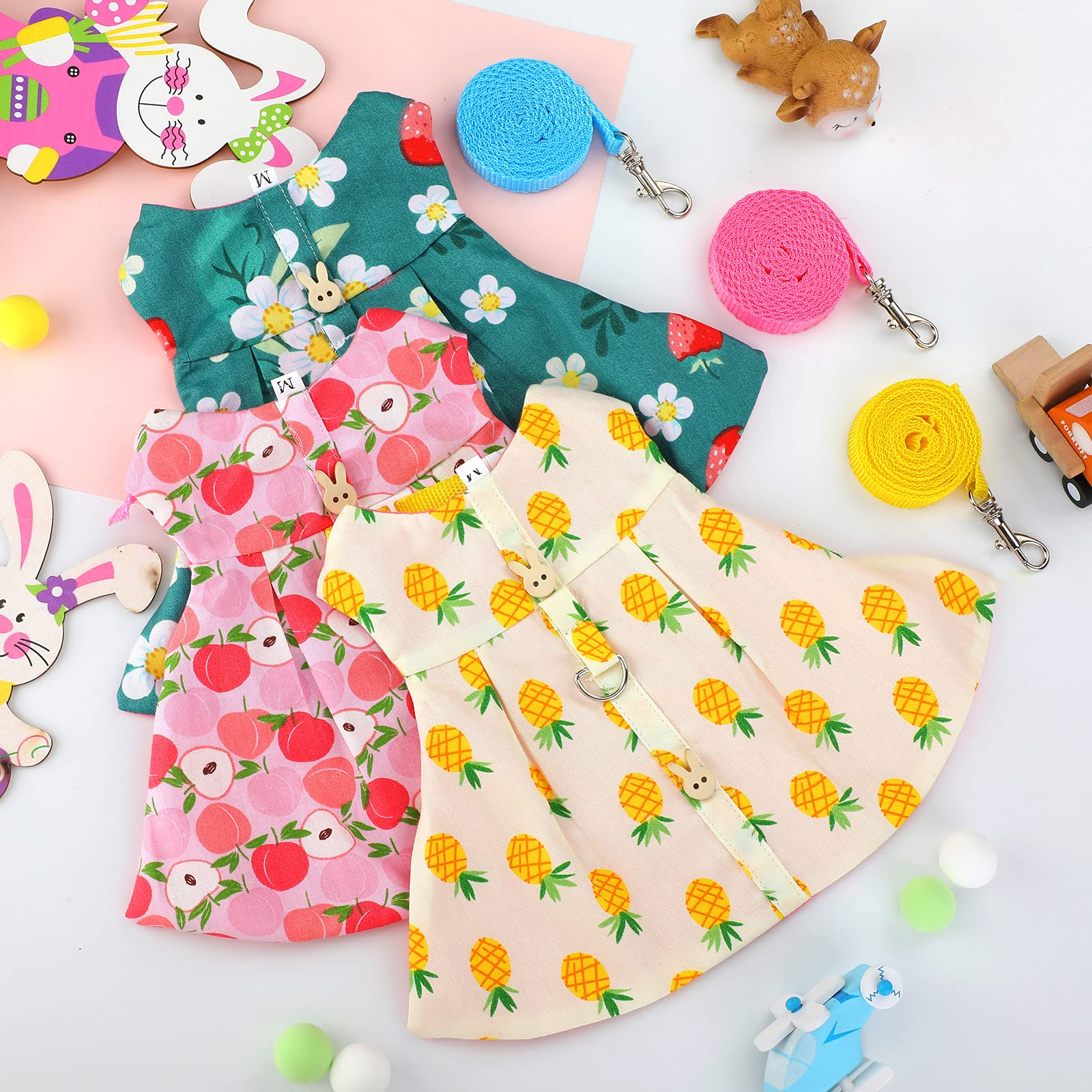 3 Piece Cute Rabbit Leash And Harness Set, Bunny Rabbit Dress Clothes Walking Harness Vest Escape Proof Pet Supply For Rabbit Hedgehog Ferret Guinea Pig (Peach, Pineapple, Strawberry)
