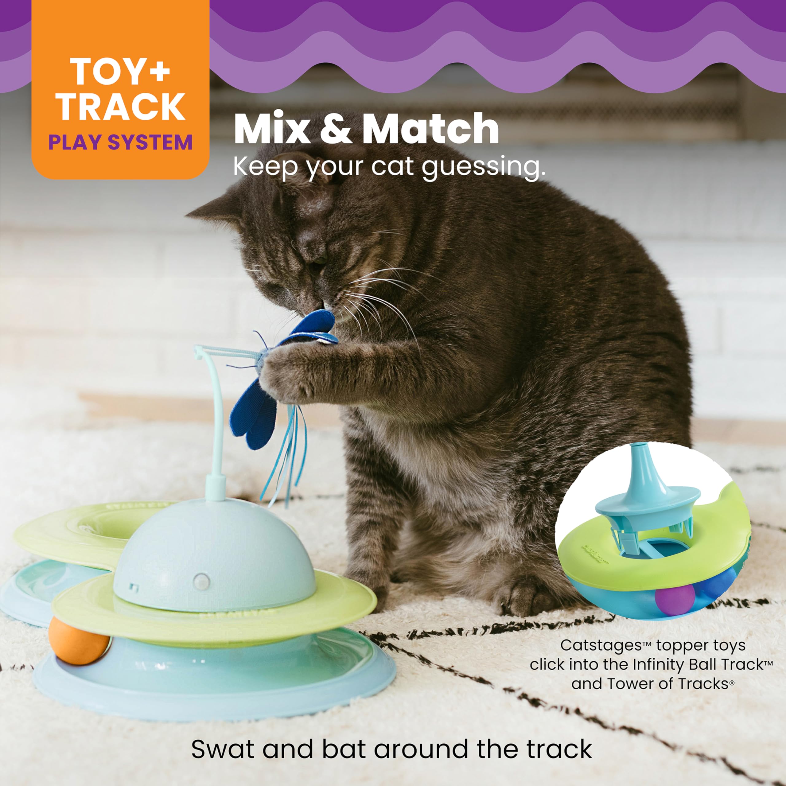 Catstages Infinity Ball Track For Cats With Two Balls, Including One Light-Up-Ball, Figure-8 Shaped Track Compatible Topper Toys