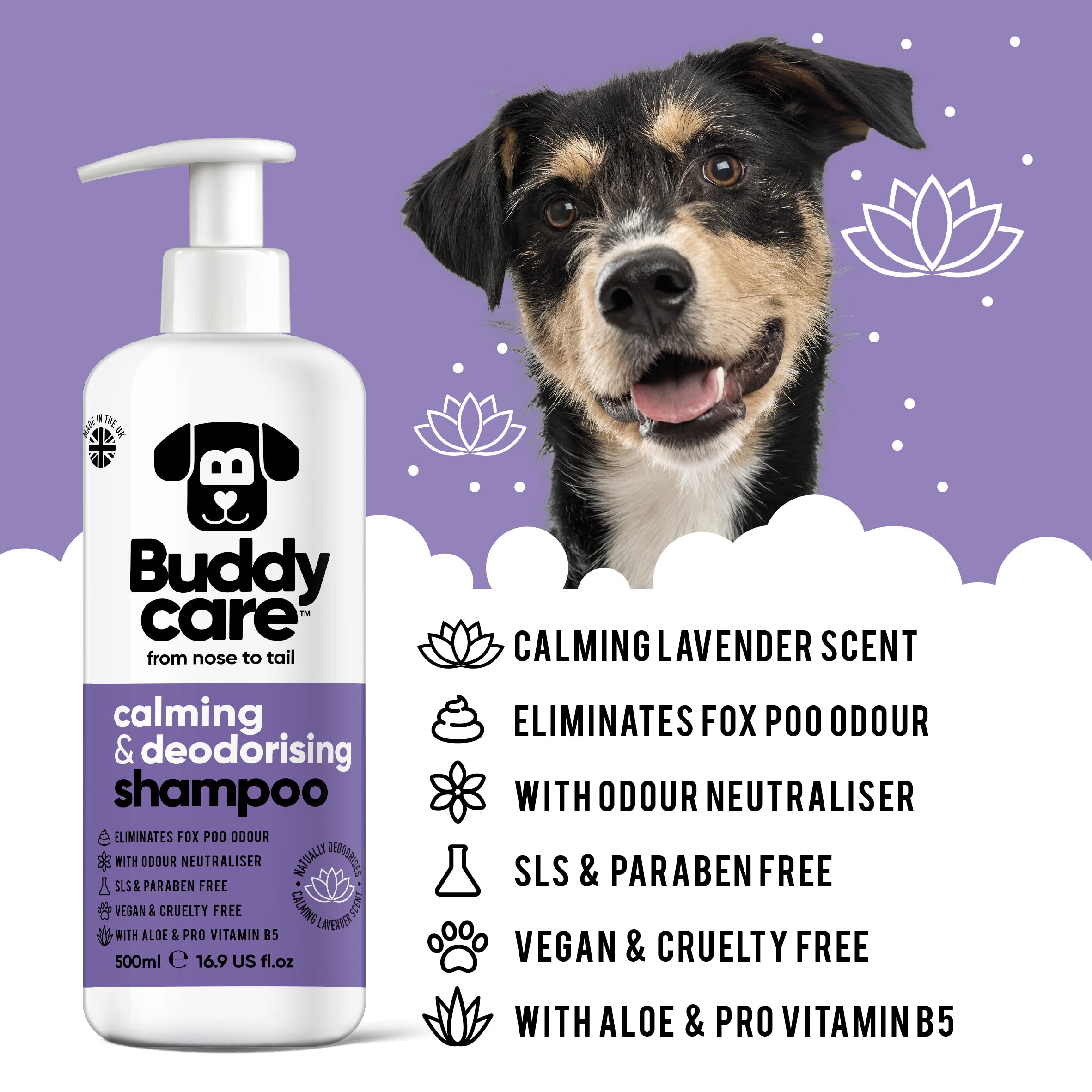 Calming & Deodorising Dog Shampoo By Buddycare | Lavender Scented | Itchy Skin Relief For Smelly Dogs | Deep Cleansing Shampoo F
