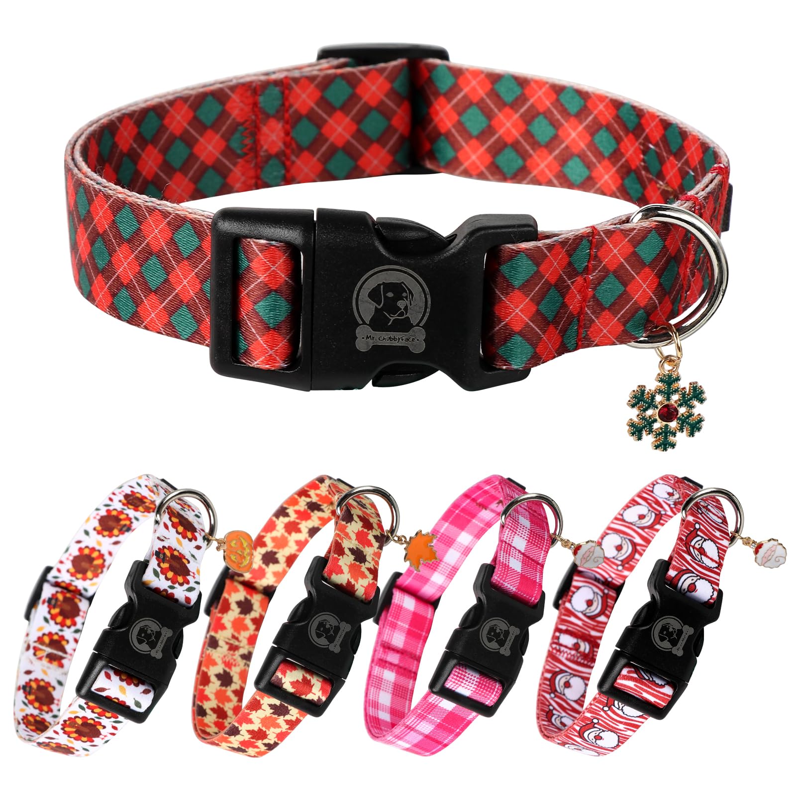Mr. Chubbyface Christmas Red Plaid Dog Collar, Adjustable Winter Festival Collar, Durable For Small, Medium, Large Dogs