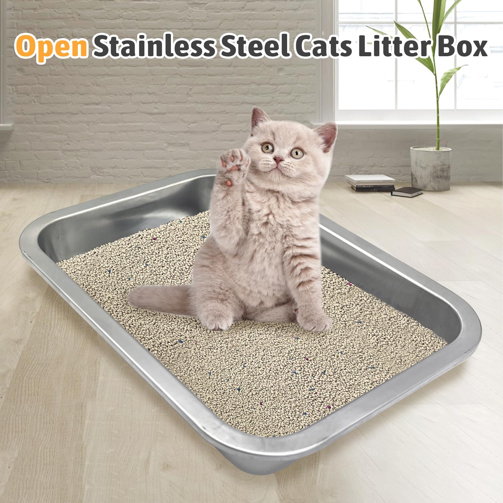Fhiny 4Pack Stainless Steel Low Entry Litter Box, Small Size Metal Cat Open Pan Potty, Kitten Training Toilet, Odor Control Smoo