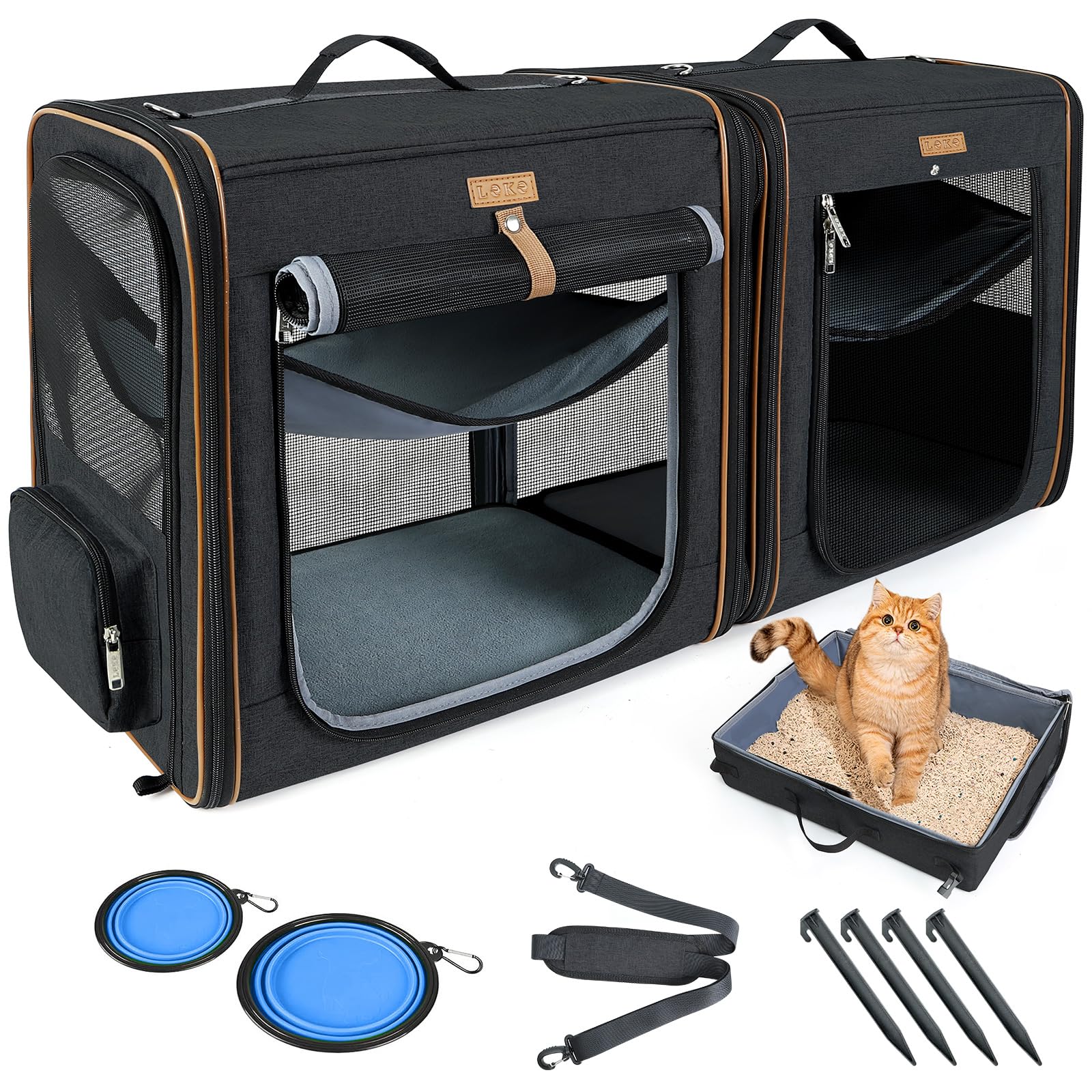 Lekereise 2-in-1 Large Cat Carrier for 2 Cats up to 35 Lbs, (17.7 *2)*16.5 *13  Car Travel Carrier with Litter Box, Bowl, and Lo