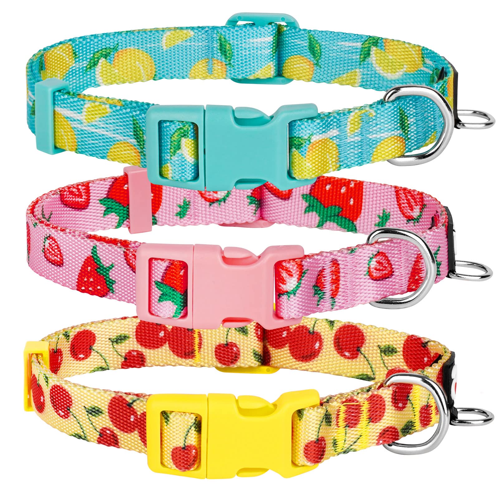 Azuza 3 Pack Fruit Design Dog Collars Comfortable And Adjustable Nylon Dog Collars For Medium Dogs, M (14-20Inch),Strawberry,Lem