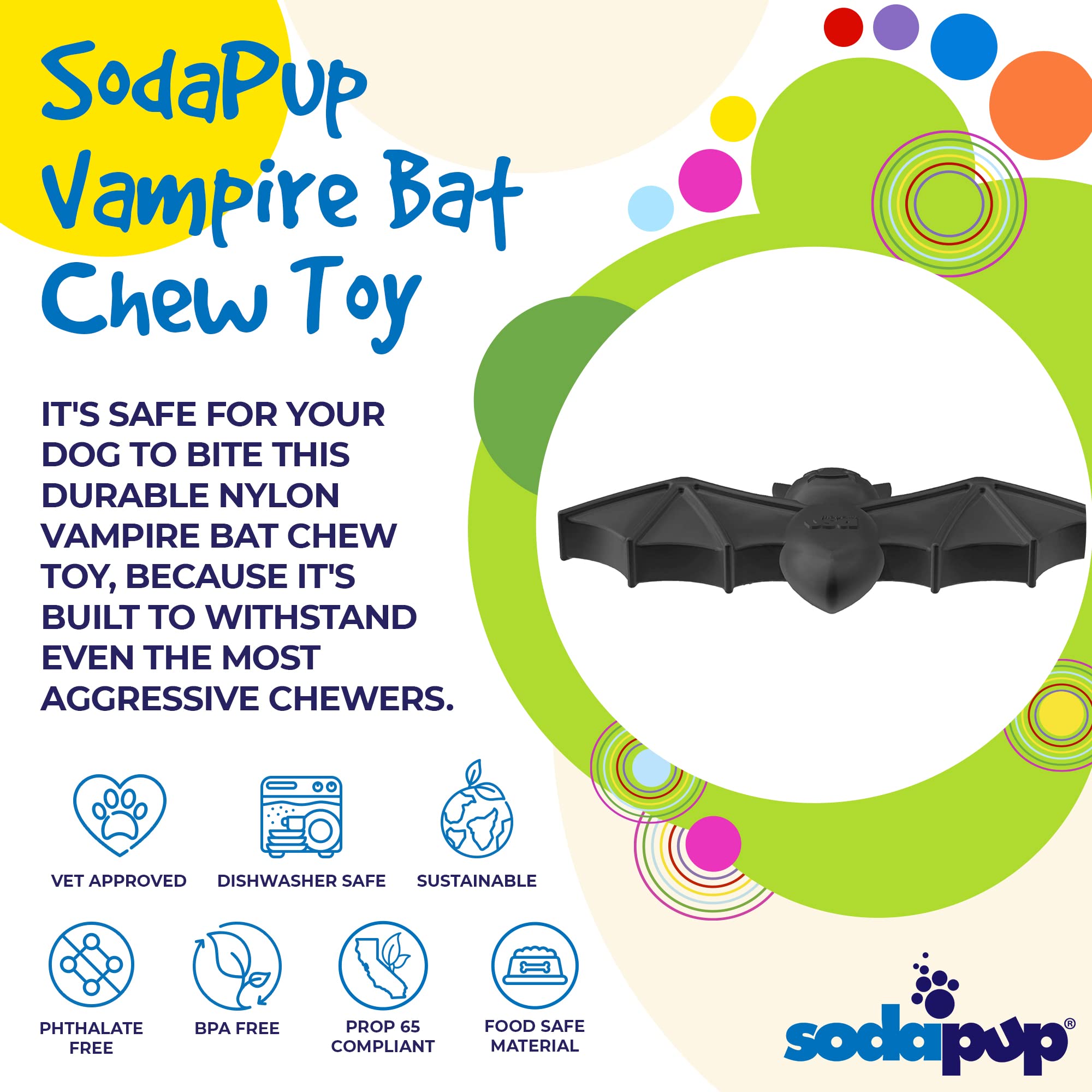 SodaPup Vampire Bat - Durable Dog Chew Toy Made in USA from Non-Toxic, Pet Safe, Food Safe Nylon Material for Mental Stimulation