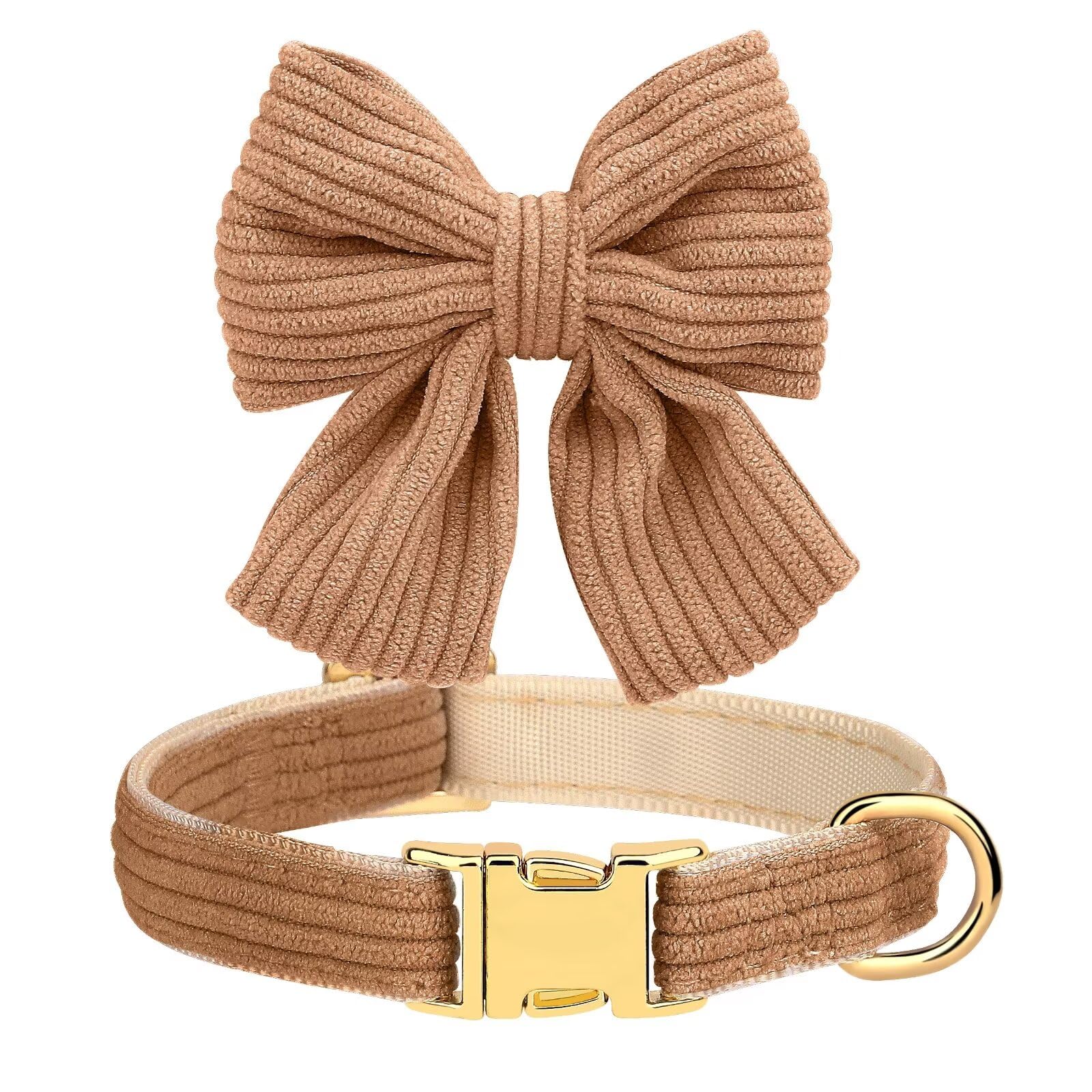 Didog Dog Collar And Leash Set With Bowtie, Girl Dog Collars Metal Buckle Adjustable For Small Medium Dogs(Brown, M)