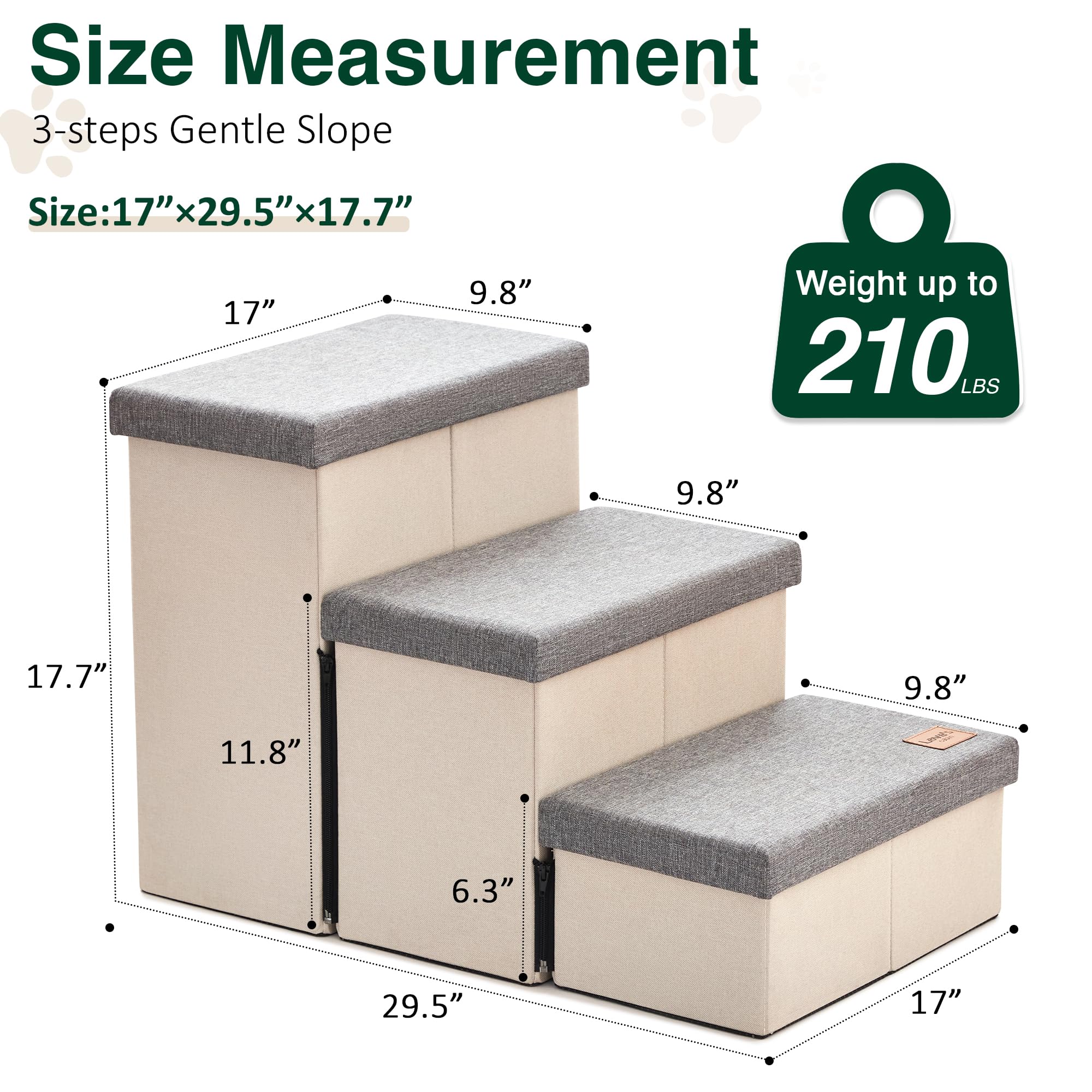 Love'S Cabin Dog Stairs For High Bed 18'H,Foldable Pet Stairs For Small Medium Or Large Dogs Puppy With Storage For Bed Or Couch, Cat Dog Steps Ramp With Zip Up To 210 Lbs(Light Grey,3 Steps No Condo)