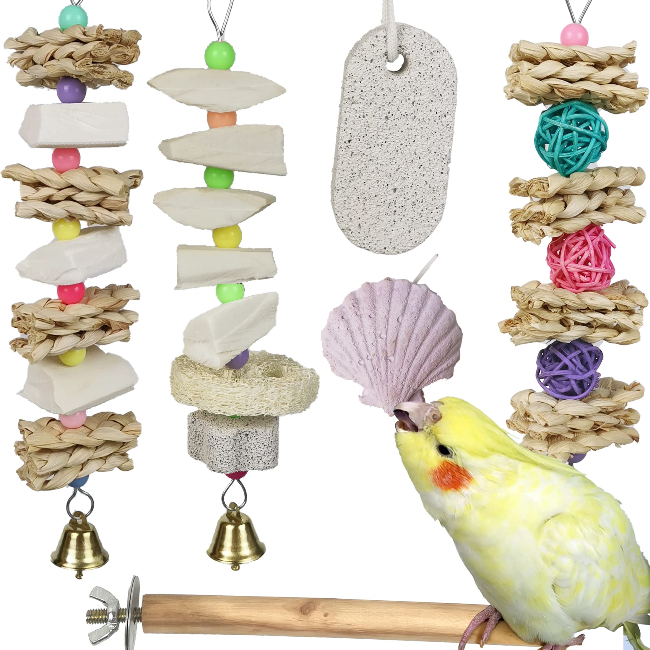 Parrot Chewing Toys (6 Pcs) Natural Cuttlebone Bird Beak Trimmer Grinding Stone Lava Block Calcium Stone Bird Perch Cage Toys Fo