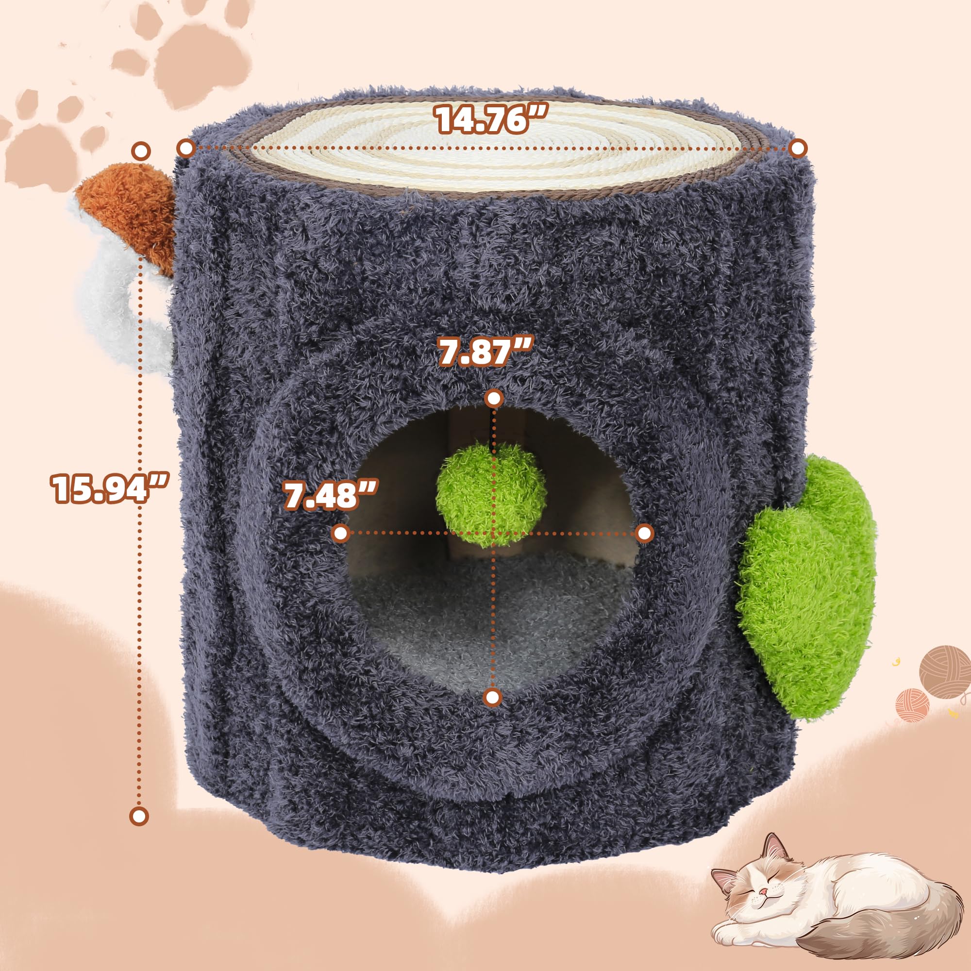 Nunu Cat House With Scratch Table & Soft Cushion, Luxury Wood Cat Condo With Scratching Post, Cat House With Hanging Ball Toy Fo