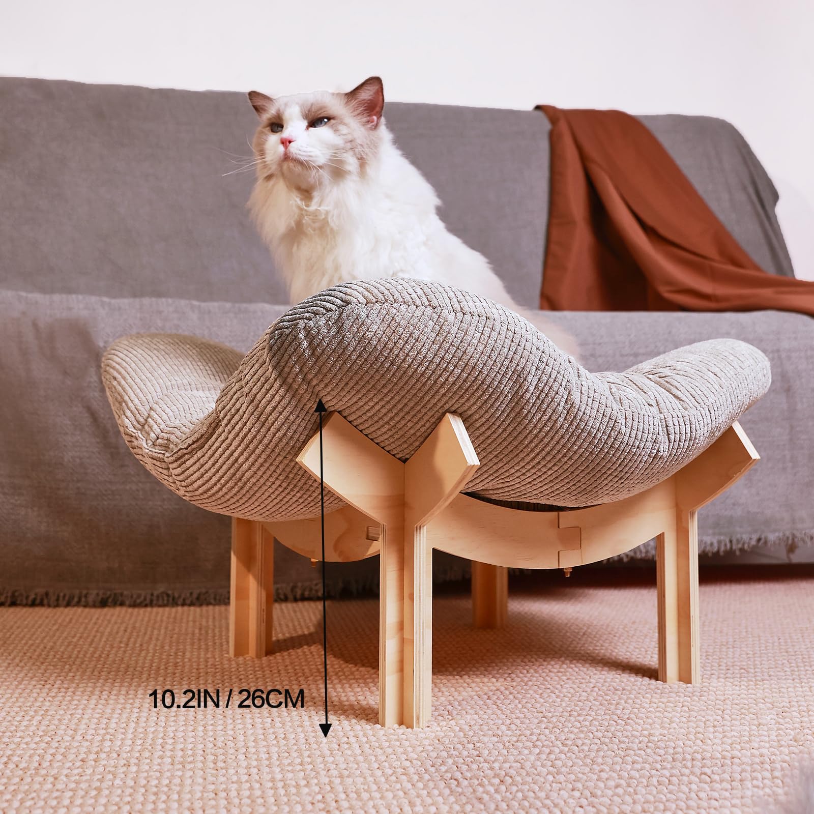 Wooden Elevated Cat Hammock Bed, Featuring A Fluffy And Warm Cuddle Bed, Wooden Cat Furniture Can Fit Cat Scratch Mat,Scratcher