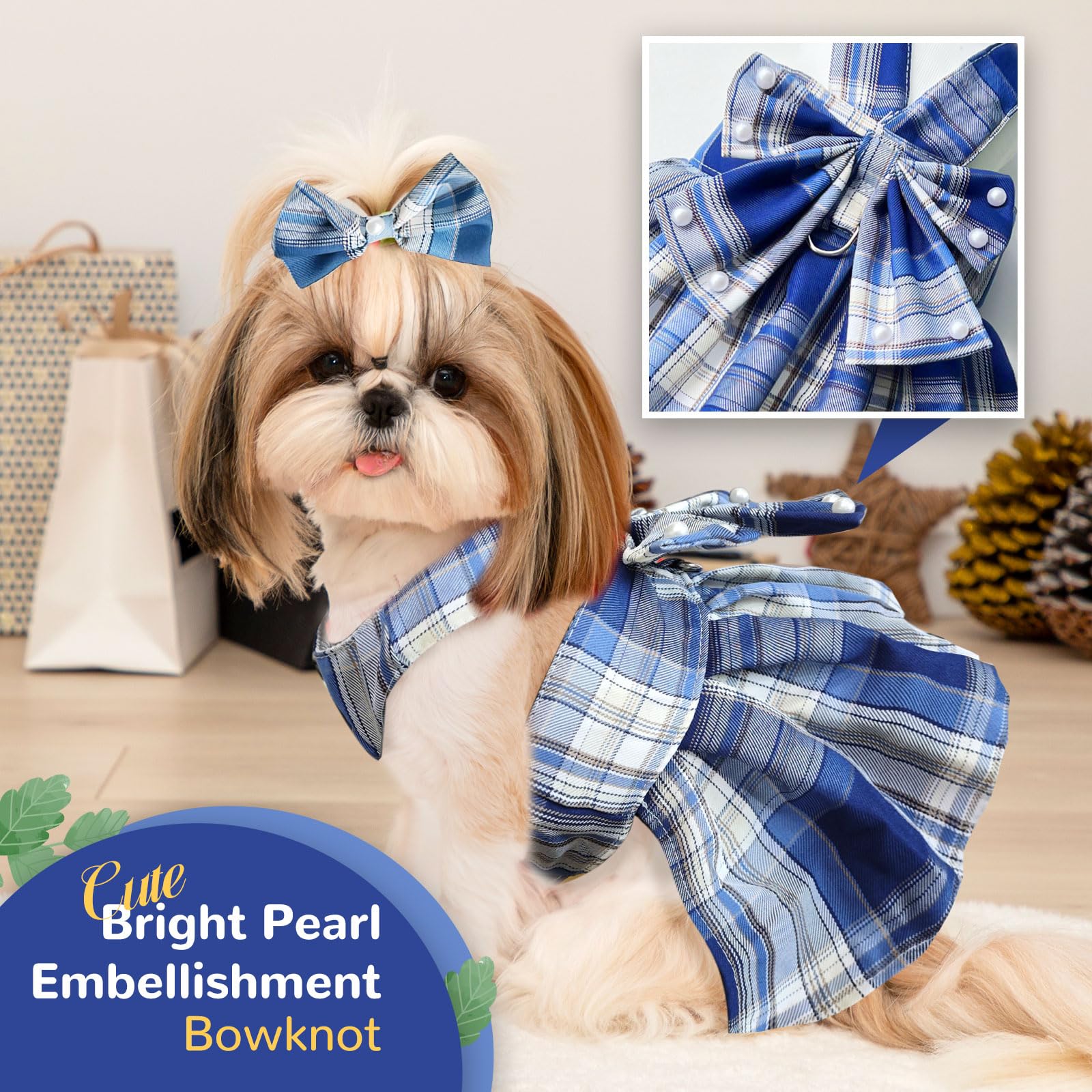 Petcare Cute Dog Dress Clothes For Small Dogs Cats Girl Female Blue Plaid Bow Tie Dog Harness Dresses Leash Set With Pearls Bow