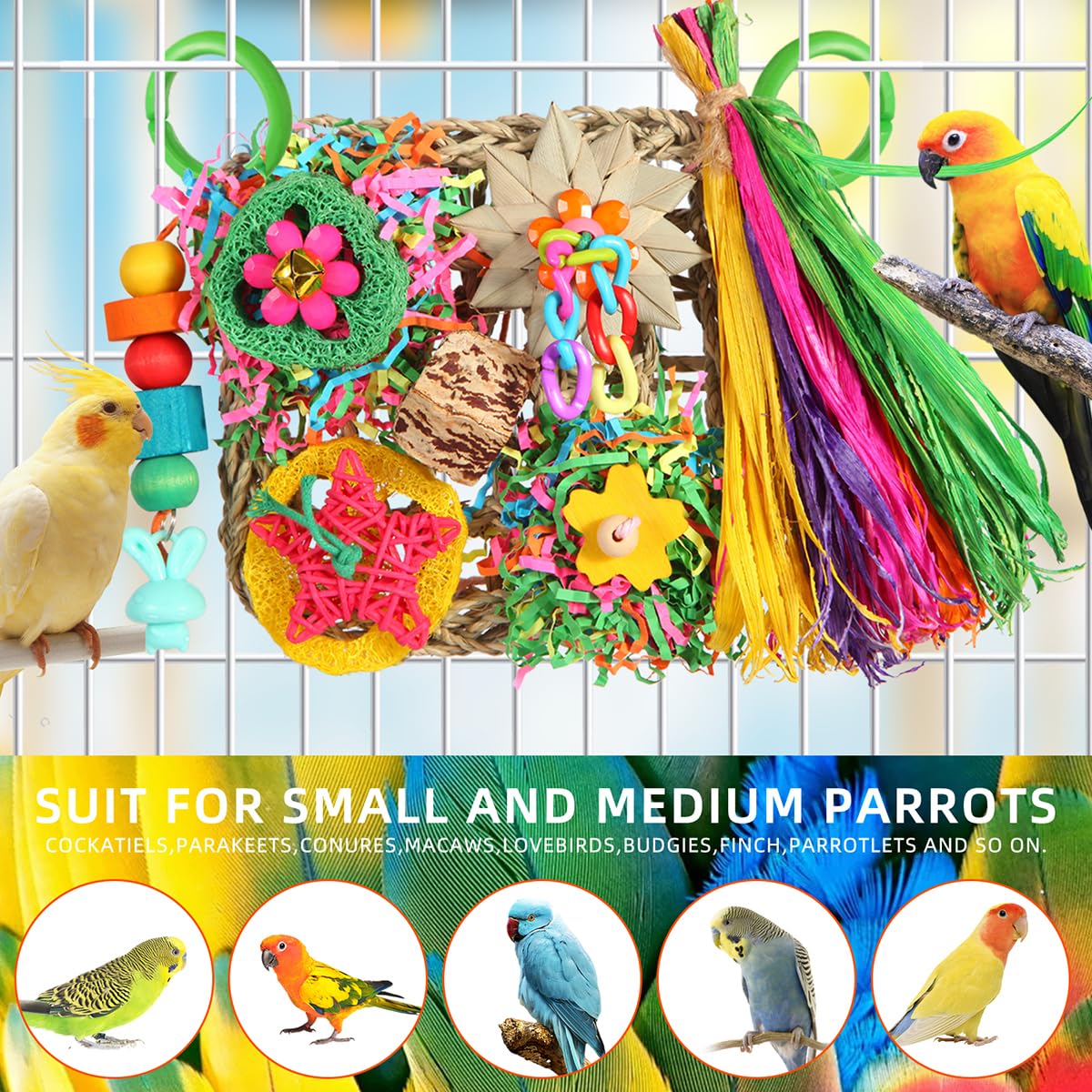 Bird Toys, Parakeet Toys Bird Foraging Toys Grass Mat Climbing Wall for Parakeet,Parrot,Cockatiel,Conure,Lovebird,Budgie Cage Sm