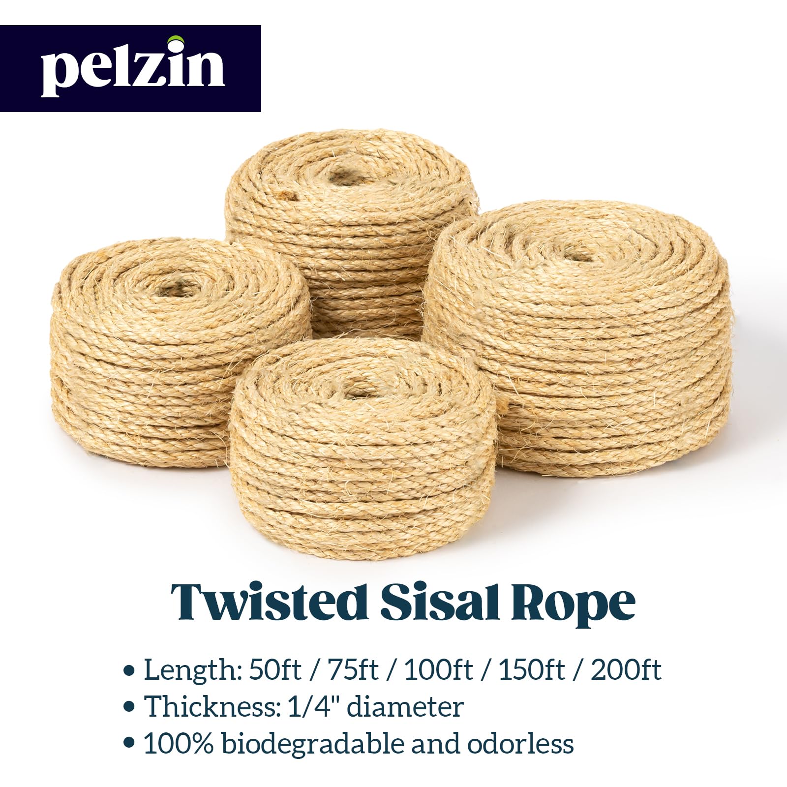 Pelzin Natural Sisal Rope For Cat Scratcher 1/4 Inch By 200 Feet, Cat Tree Rope Twine For Cat Scratching Post Replacement, Cat T