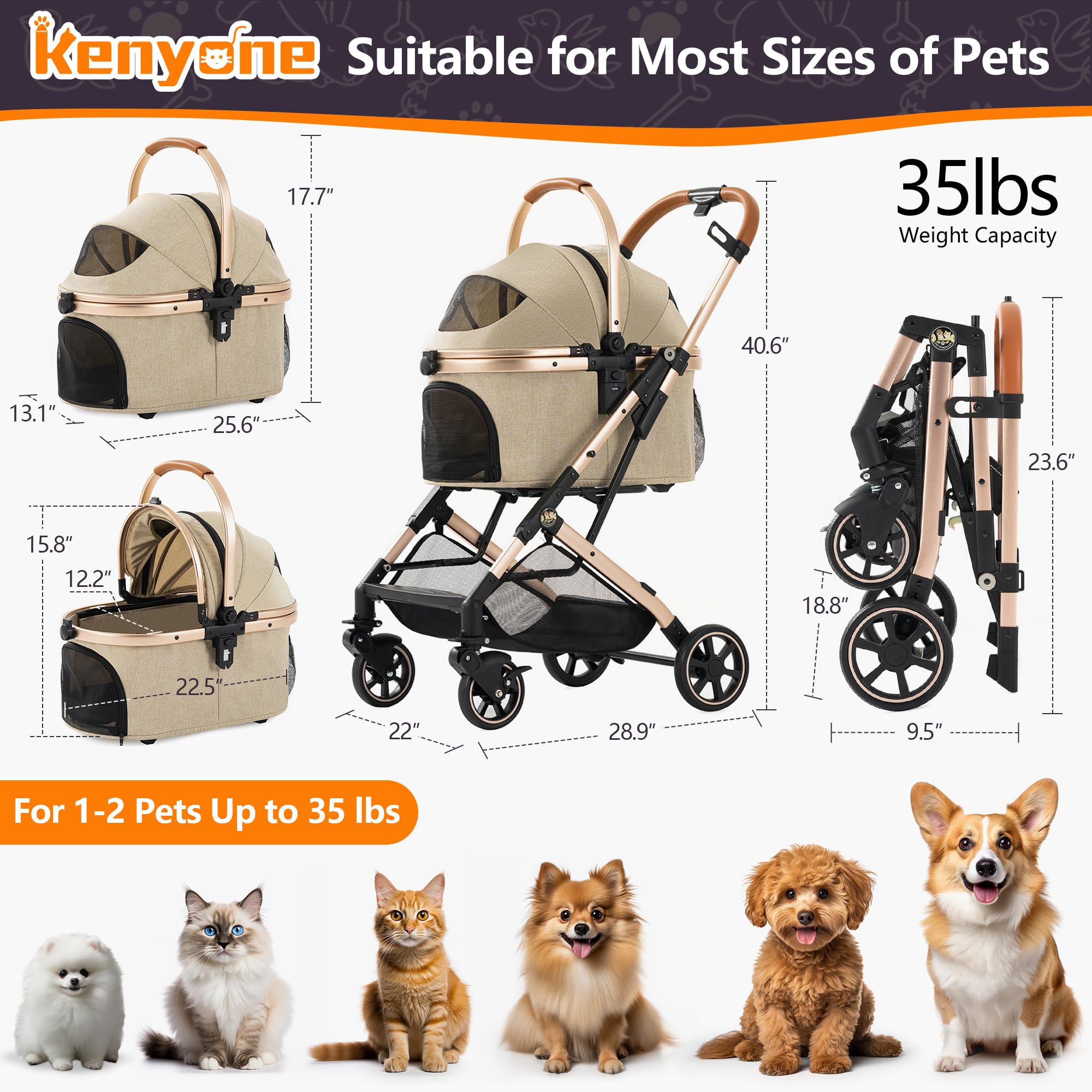Kenyone 3-In-1 Pet Stroller For Small Medium Dogs Puppy Cat Stroller With Detachable Carrier & Pad Lightweight Foldable Aluminum
