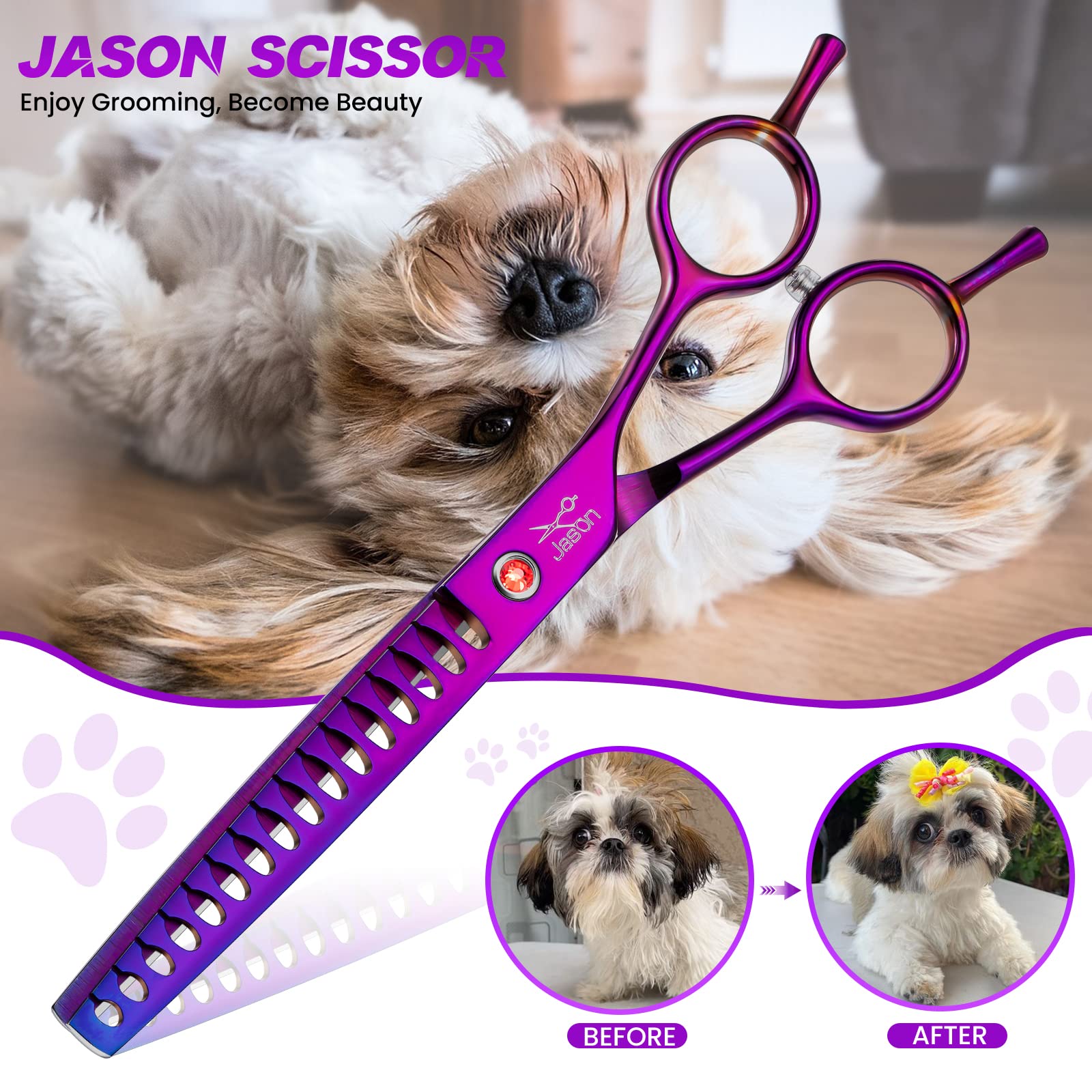 JASON Dog Grooming Scissor - 7.5" Chunker Shear, Ergonomic Handle, Purple, Japanese Stainless Steel for Pets