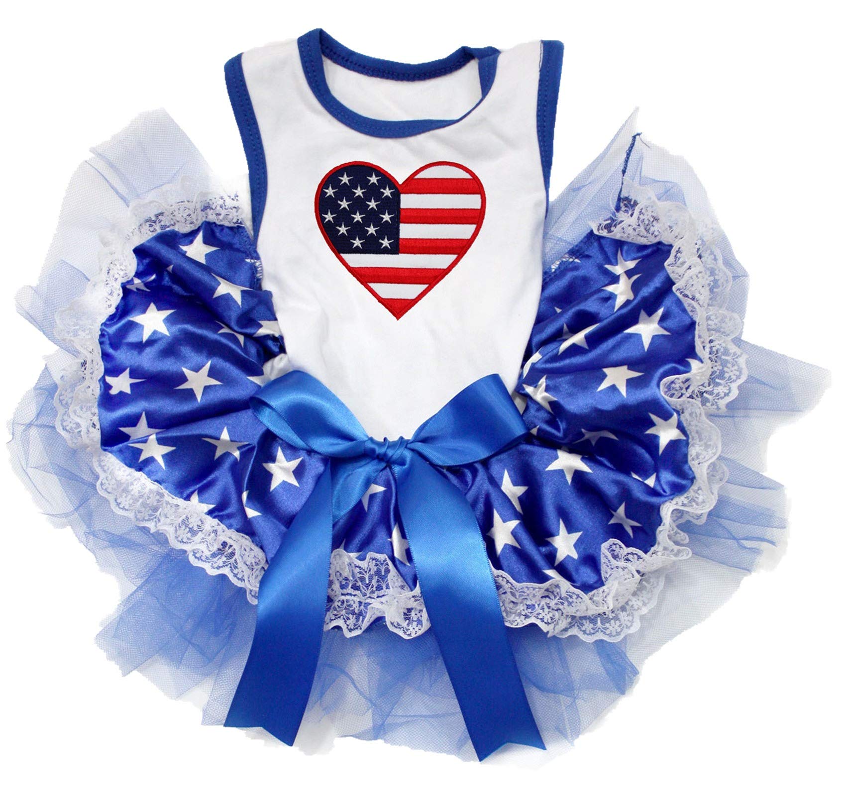 Petitebella Usa Heart Puppy Dog Dress (White/Blue Stars Lace, Large)