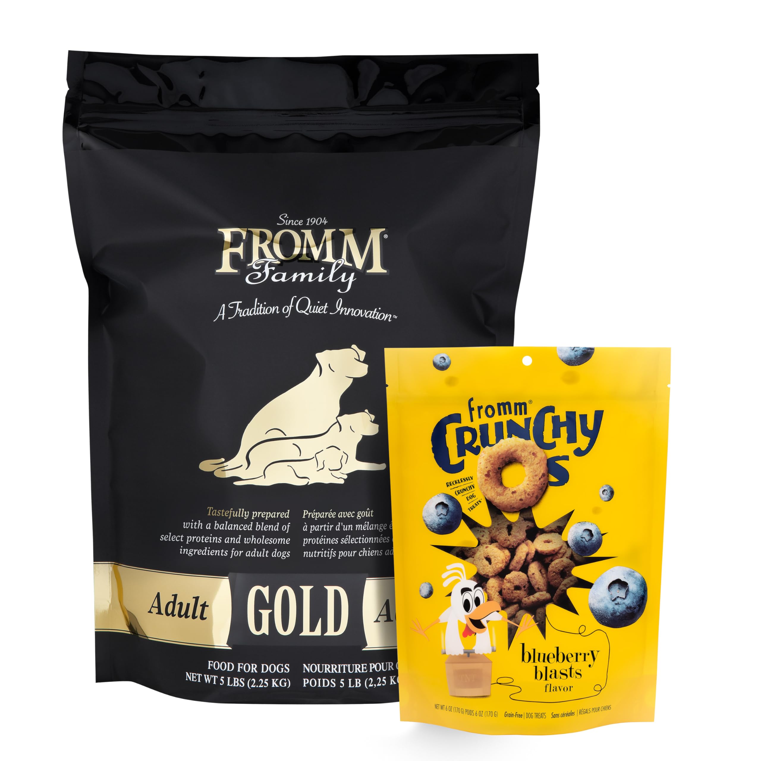 Fromm Adult Gold Dry Dog Food 5 lb Bag & Crunchy Os Blueberry Blasts Dog Treats 6 oz Bag - Chicken Recipe