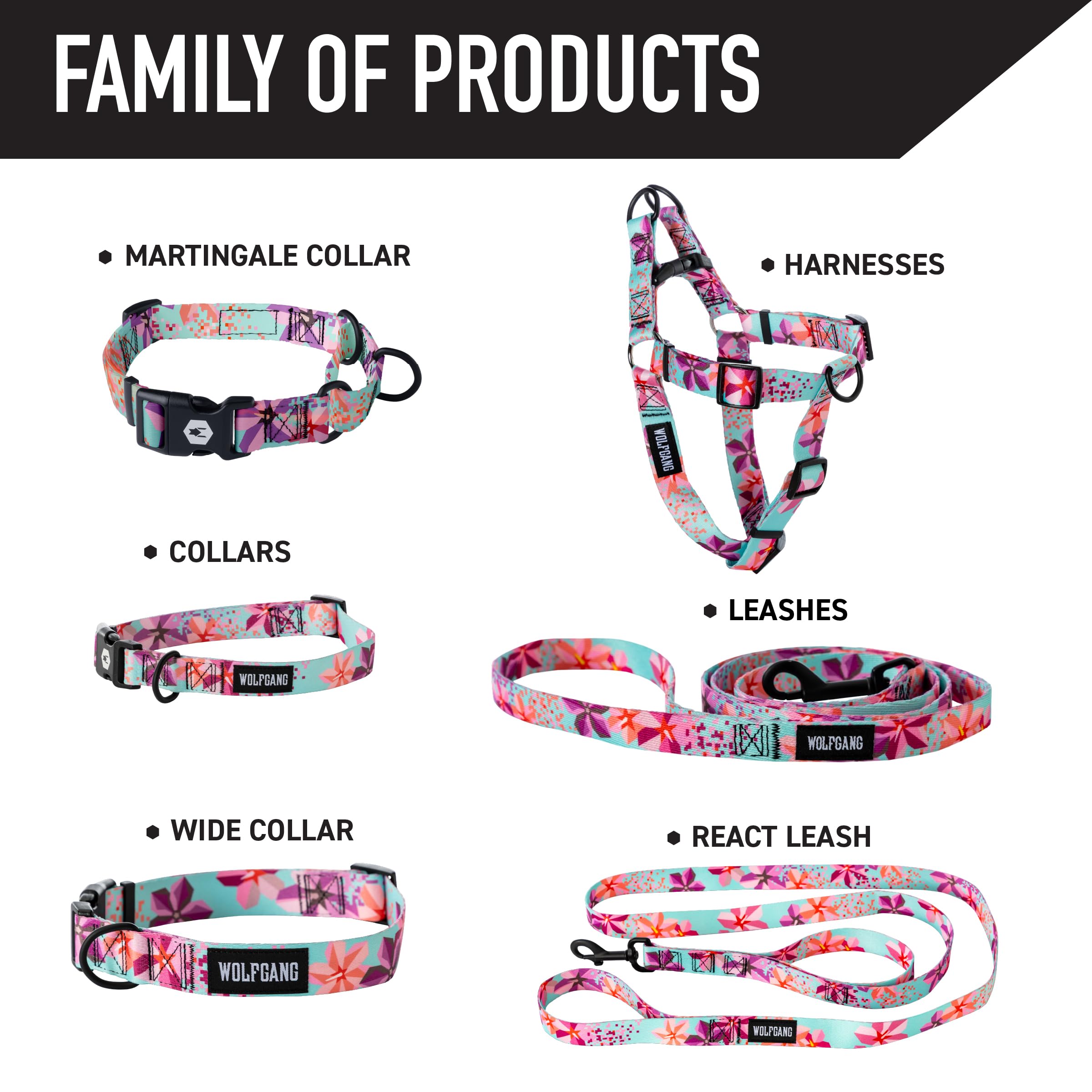 Wolfgang Heavy Duty Adjustable Dog Harness, Pull-Tested to Over 800 lbs for Walking & Training, DigiFloral Print, Medium