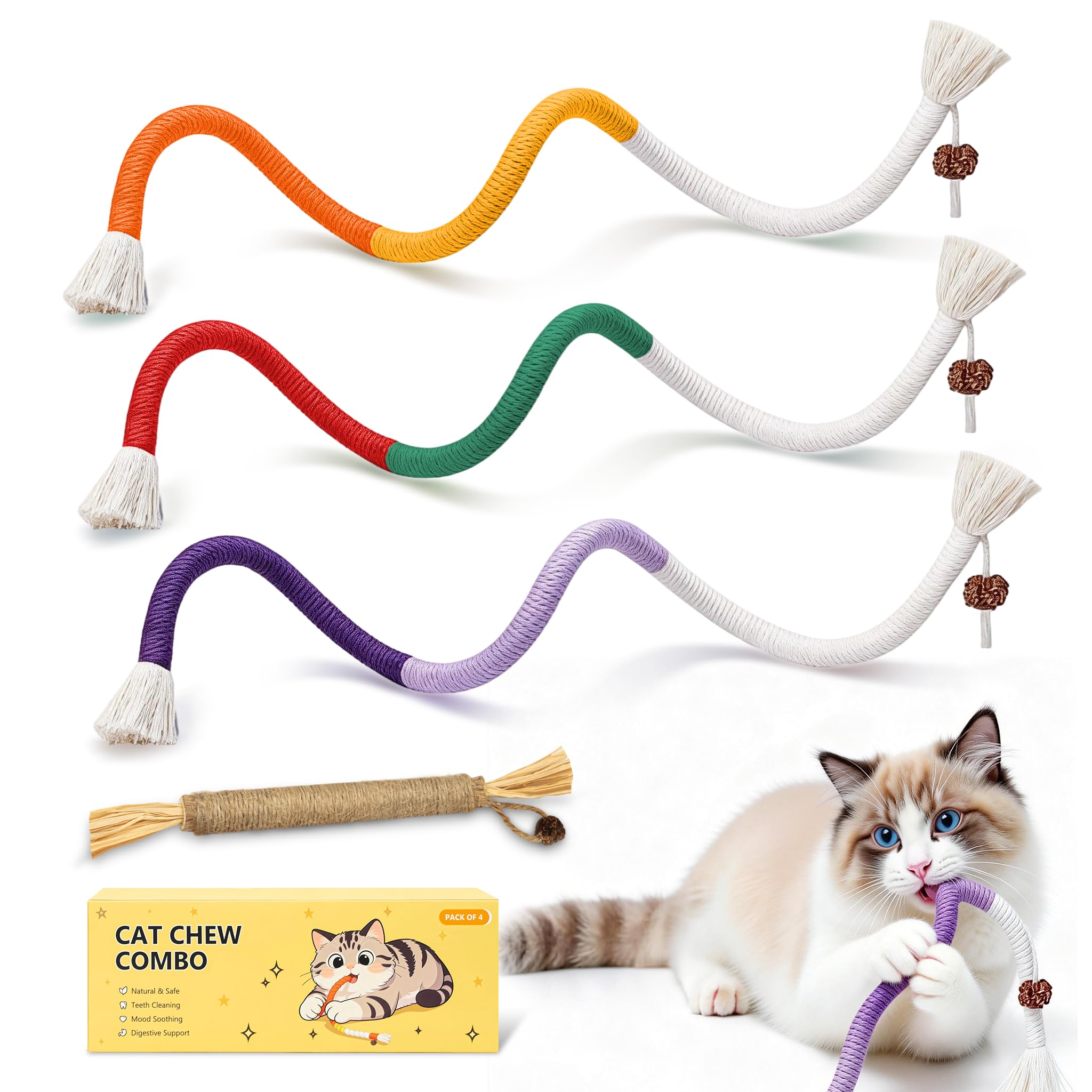 MAXTOOA Cat Toys for Indoor Cats, Chew Ropes 3Pcs & Silvervine Stick 1Pcs with Gall Fruit, Refillable Catnip, Interactive Kitten