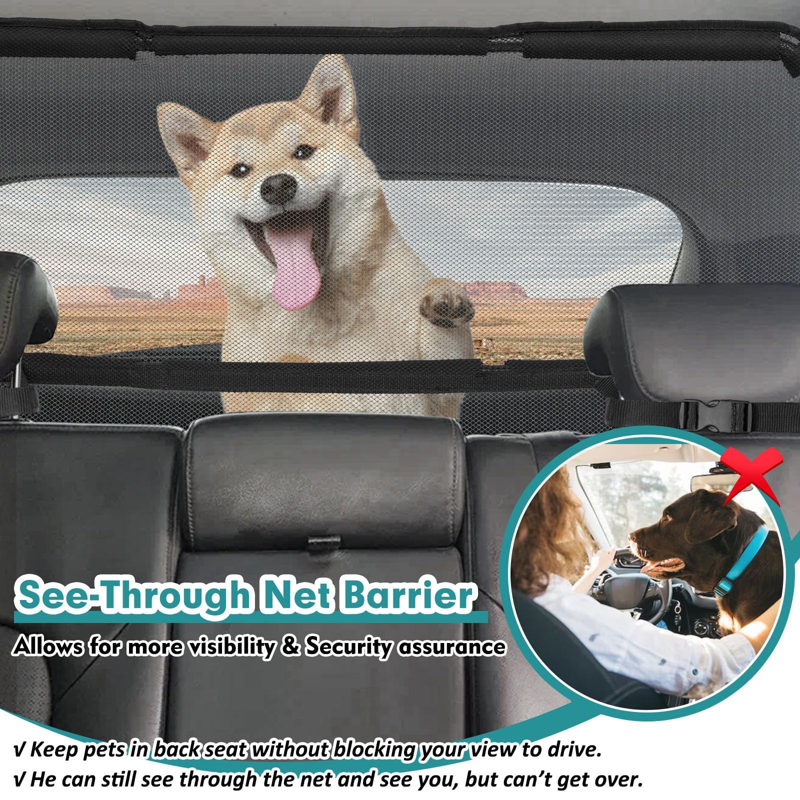 Dog Car Barrier Escape-Proof, 46' Wide Car Divider For 3Rd Row Seats & Cargo Area, Durable Cargo Area Dog Car Gate Trunk Barrier With See Through Net Mesh For Small Sized Suv & Vehicles Or Hatchback