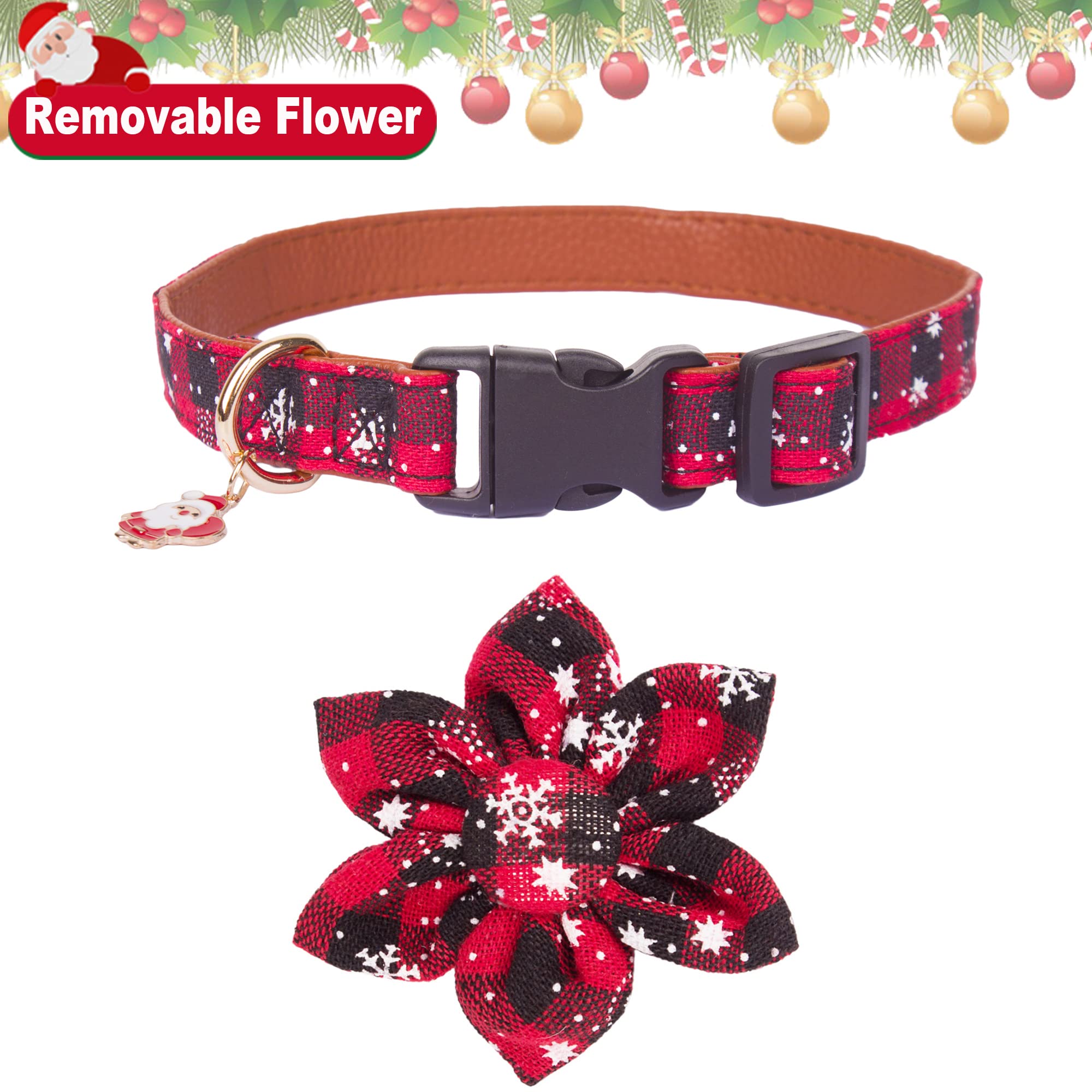 Adoggygo Christmas Dog Collar With Flower, Plaid Dog Christmas Collar With Removable Floral Adjustable Christmas Collars For Medium Dog (Medium)