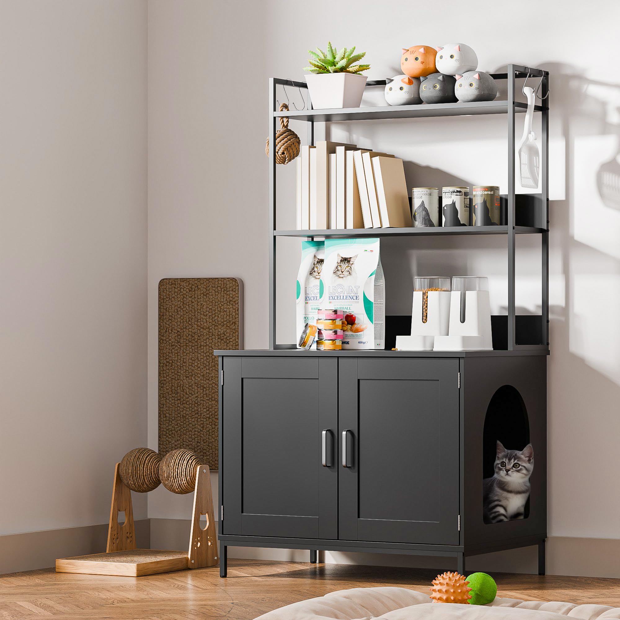 Cozy Castle Litter Box Enclosure, 57' Cat Litter Box Furniture With Large Cabinet, Shelves And 4 S-Hooks, Hidden Cat House For 