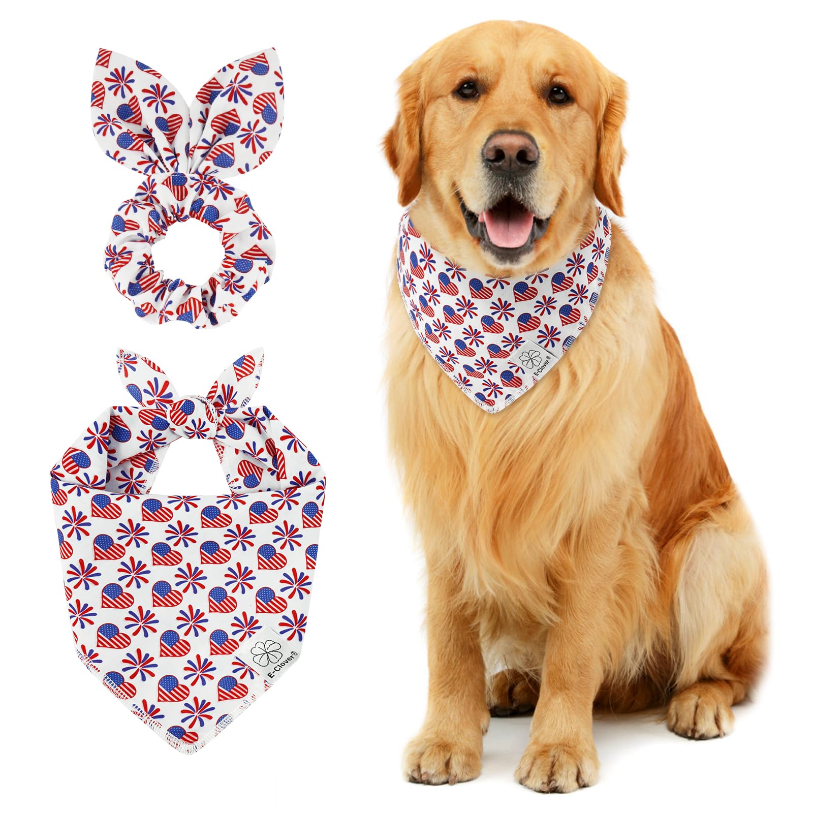 E-Clover 4Th Of July Dog Bandanas & Matching Scrunchie Set American Flag Dog Scarf Bibs Pet Bandana With Bow Tie For Medium Larg