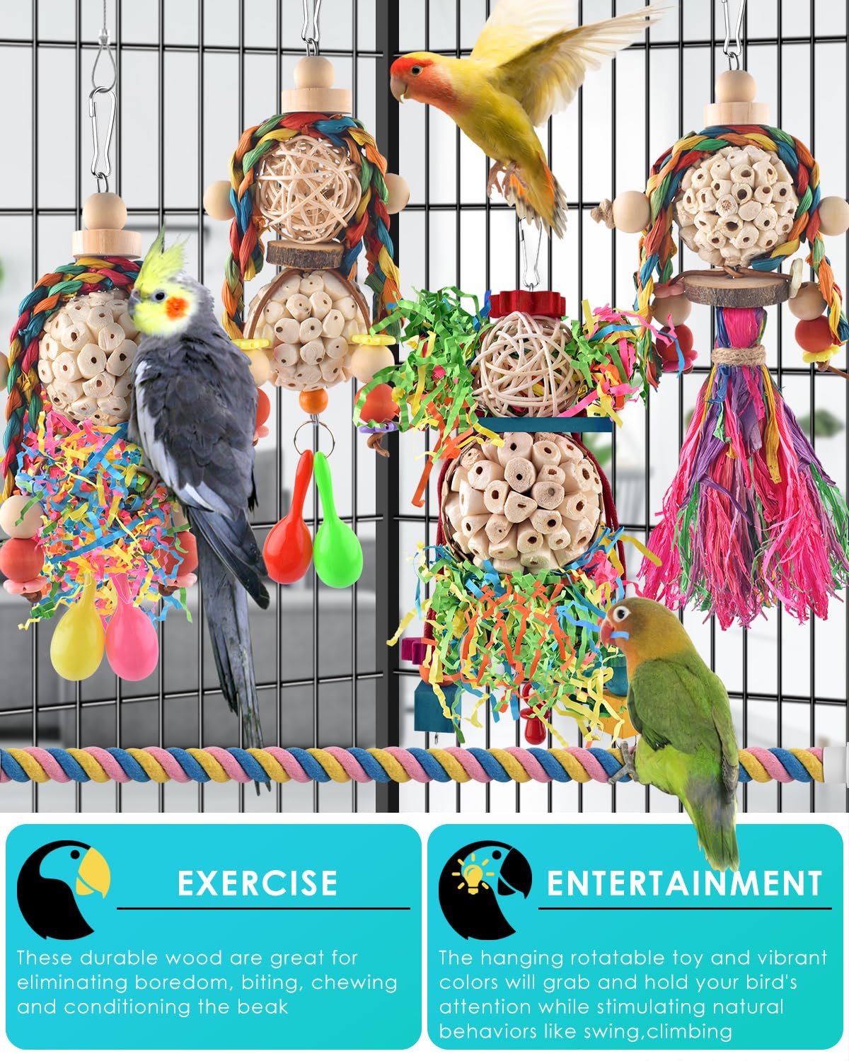 Bissap Conure Toys, 5 Pcs Bird Foraging Shredder Hanging Swing Rope Perch Toys Sola Balls With Sand Hammer For Small Parrots Par