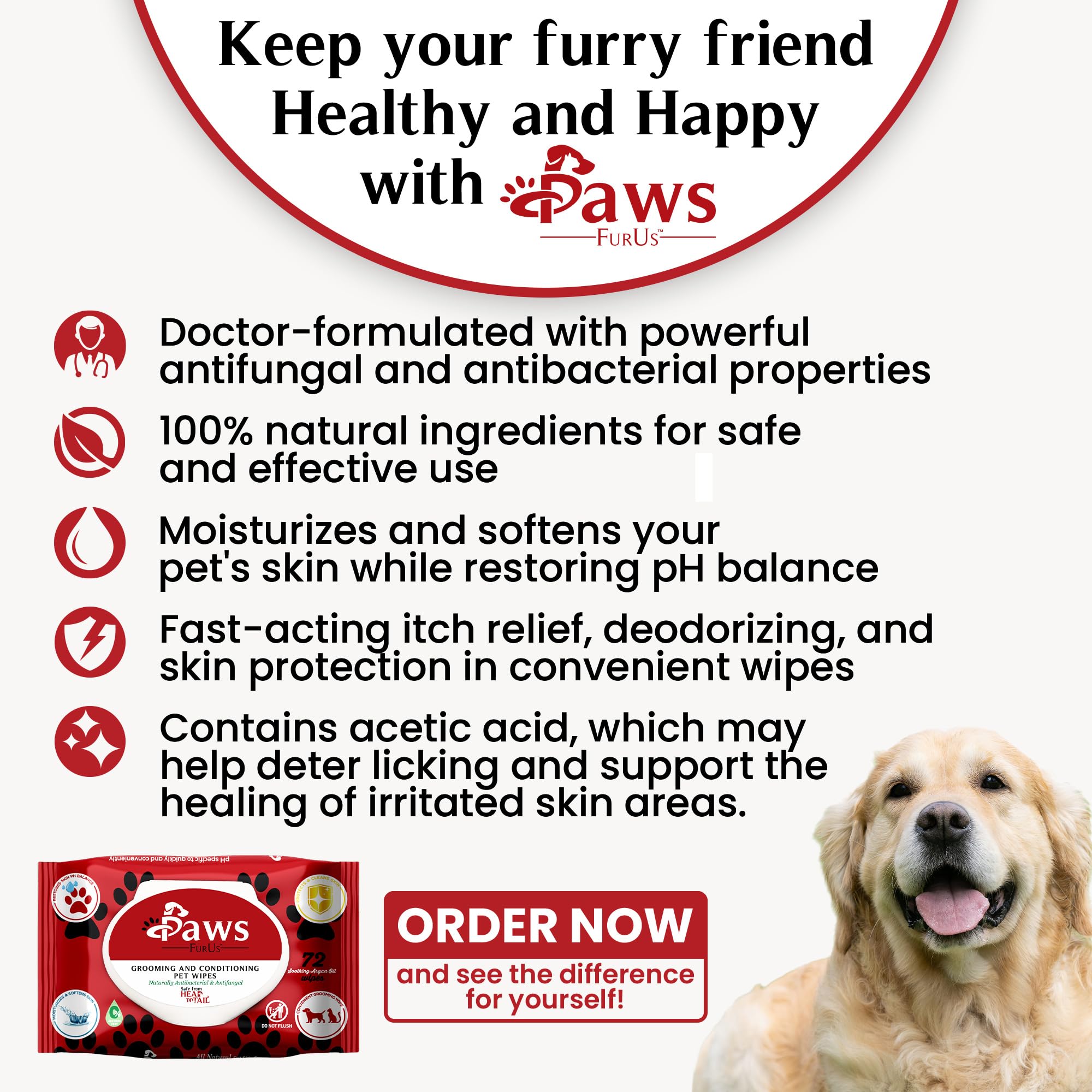PawsFurUs Pet Wipes All-Natural Antibacterial & Antifungal Pet Wipes