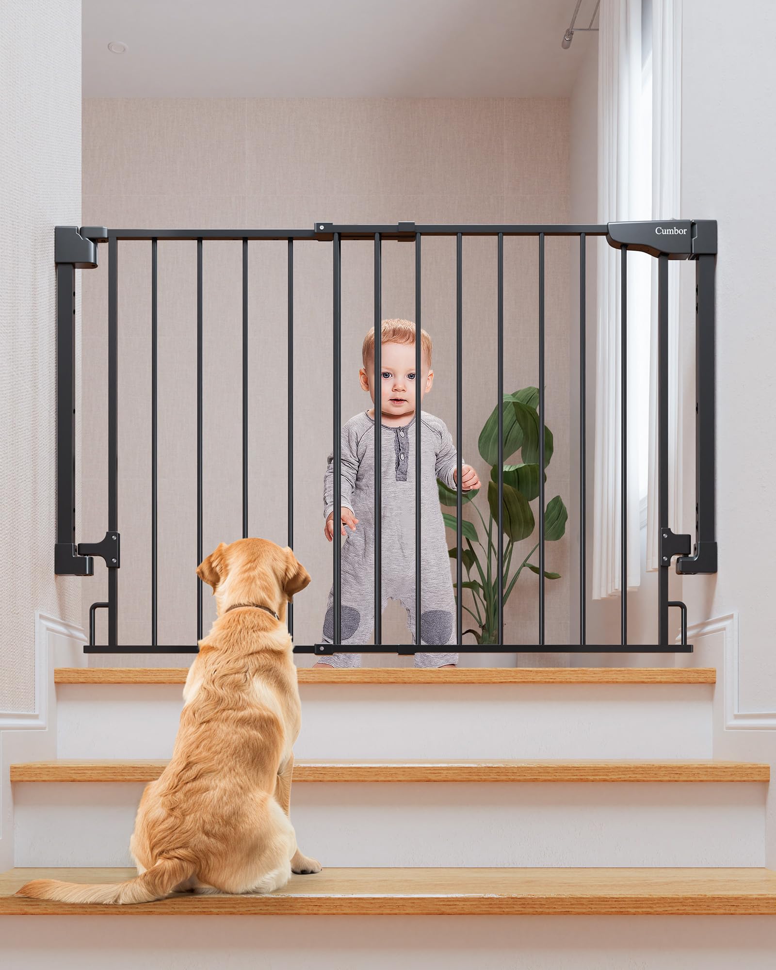 Cumbor 29.2-43 Baby Gate for Stairs, Wall-Mounted (Drill Required), Expandable No Bottom Bar Dog Gate, Auto Close Extra Wide Wal