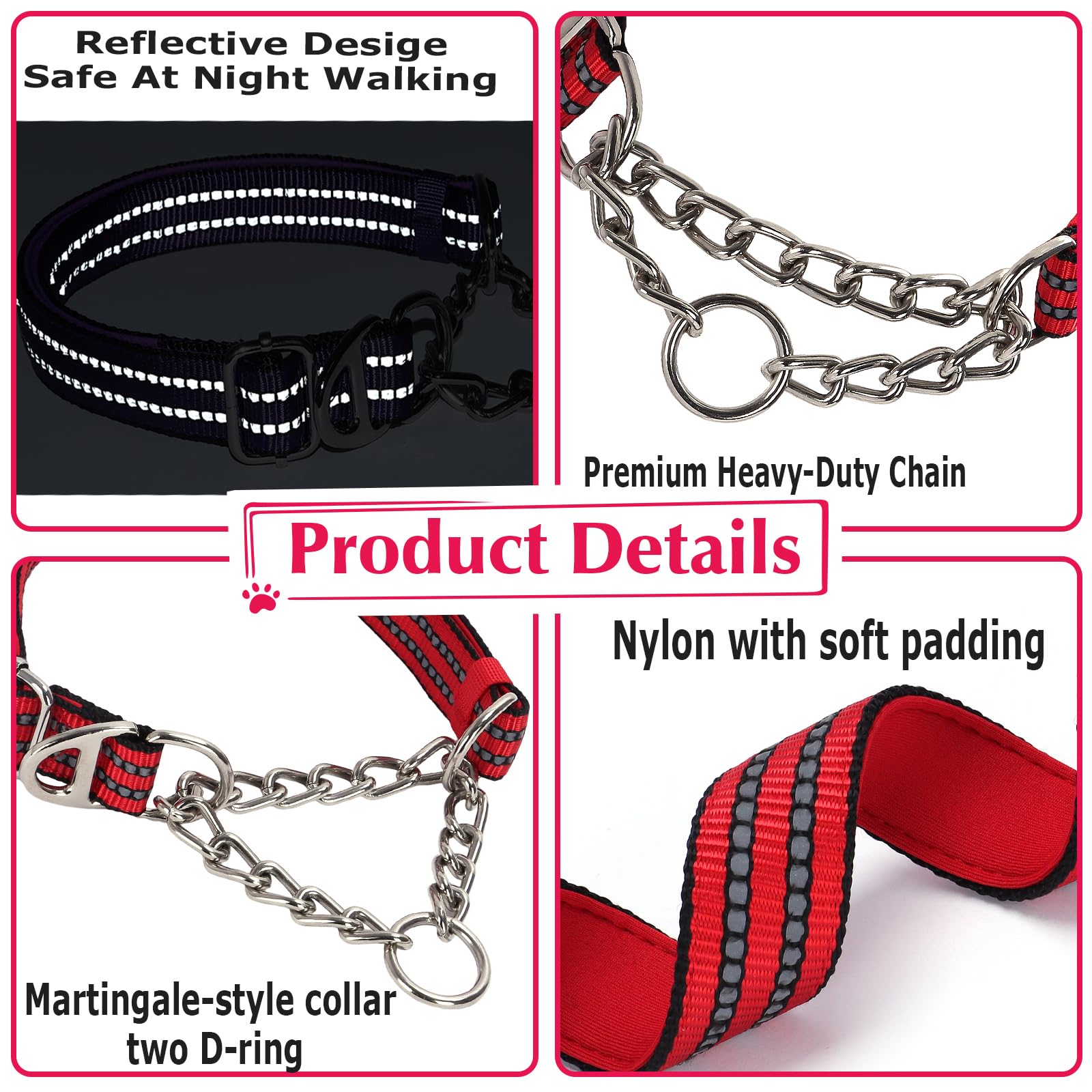 Martingale Dog Collar For Training,Adjustable No Pull Reflective Collar With Chain For Xxl Dogs Secure/Comfortable Walking Colla