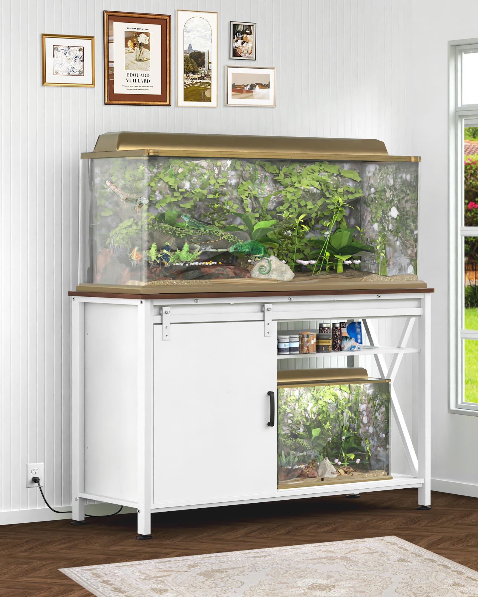 FILKO Aquarium Stand for 55-75 Gallon Tanks, Heavy Duty Metal, White, Model YGG3334-A, with Sliding Door and Power Outlet